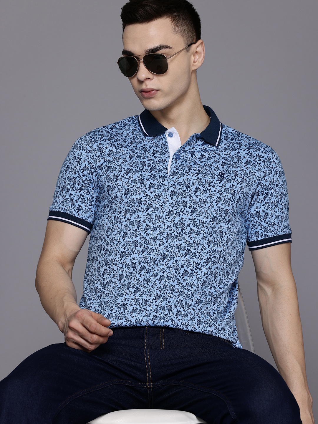 

Raymond Floral Print Polo Collar Pure Cotton T-shirt, Blue