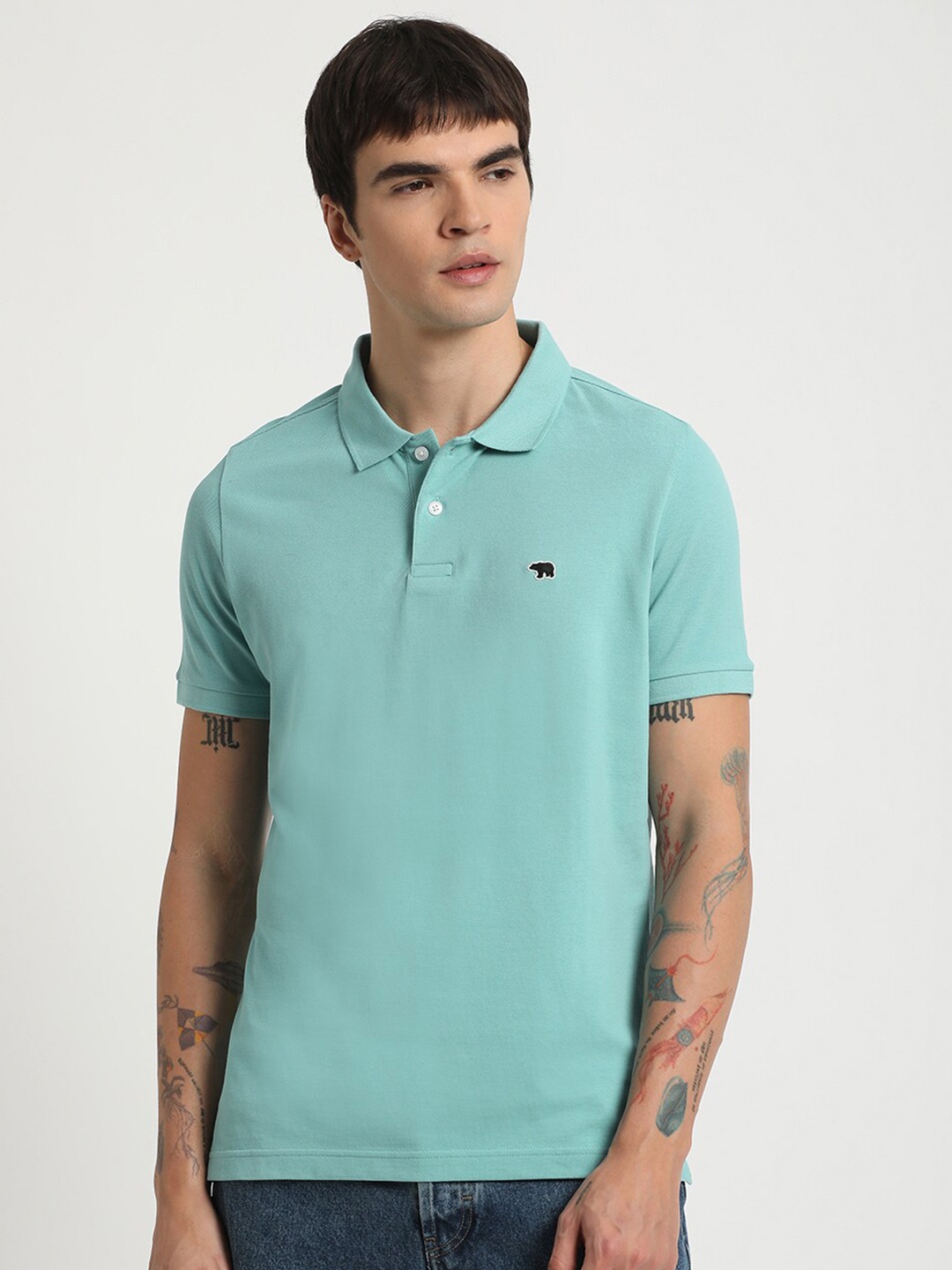 

THE BEAR HOUSE Polo Collar Slim Fit Pure Cotton T-shirt, Sea green