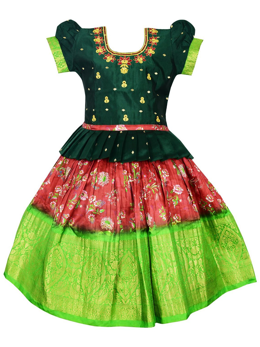 

AMIRTHA FASHION Girls Floral Printed Embellished Ready To Wear Lehenga & Blouse, Green