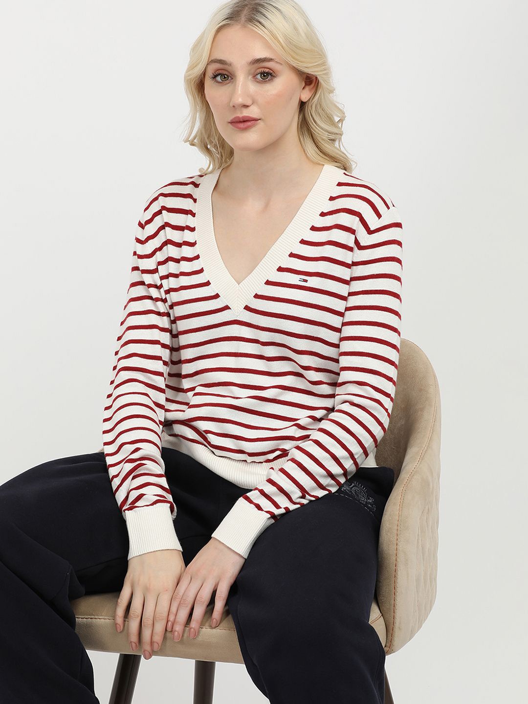 

Tommy Hilfiger Women Striped Printed Pullover, Red