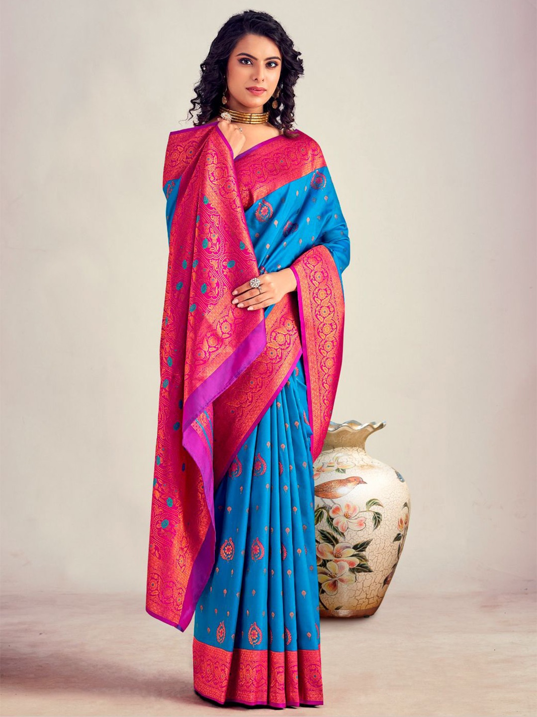 

NK Textiles Ethnic Motifs Woven Design Zari Kanjeevaram Saree, Turquoise blue