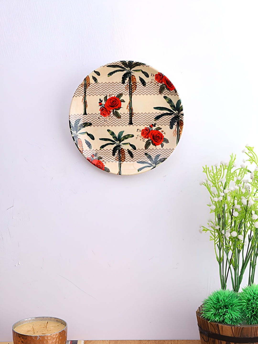 

PENTADECO Beige & Red Floral Printed Ceramic Wall Plate