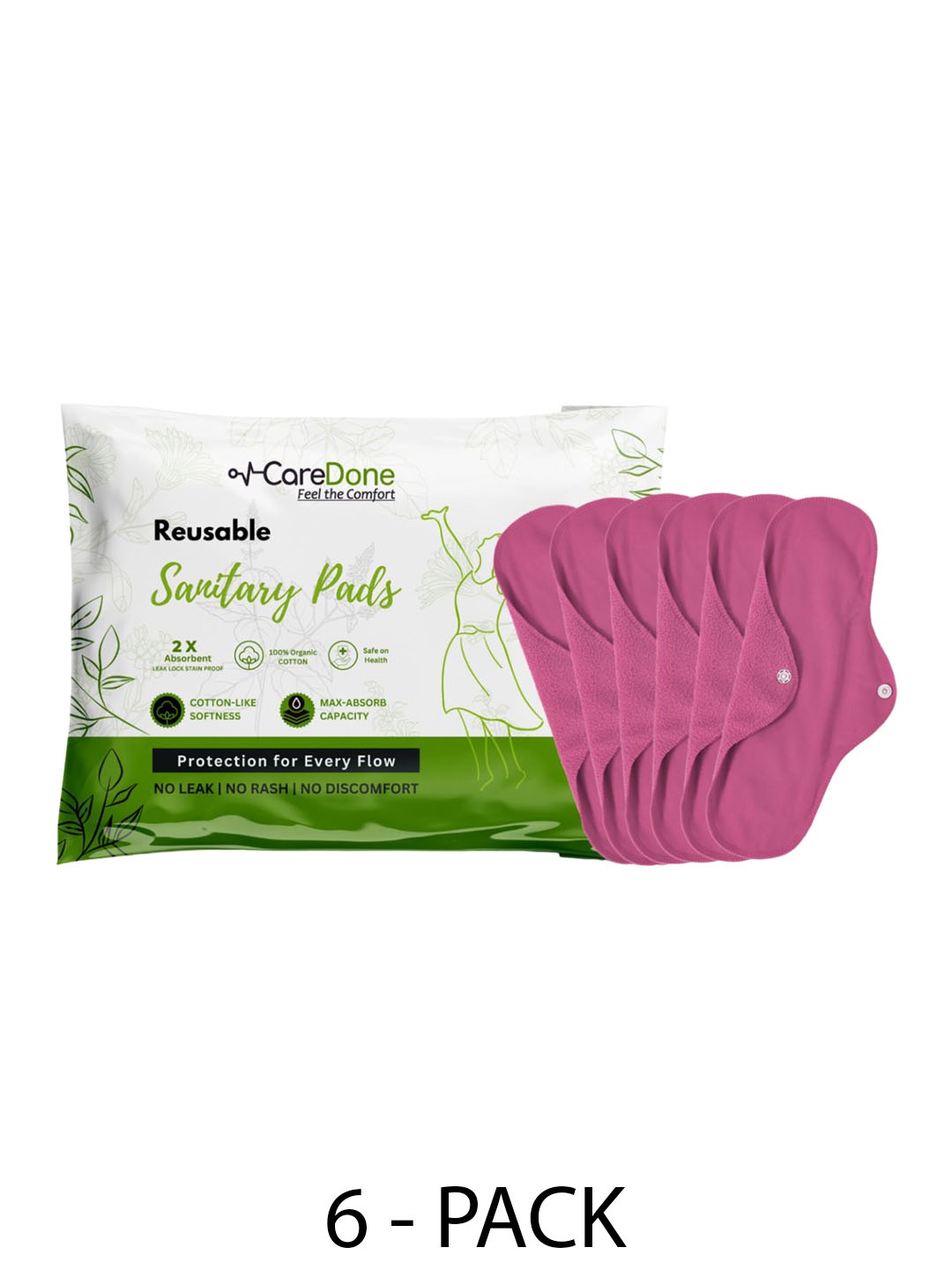 

CareDone Set Of 6 Reusable 100% Organic Cotton Sanitary Cloth Pads - XL, Pink