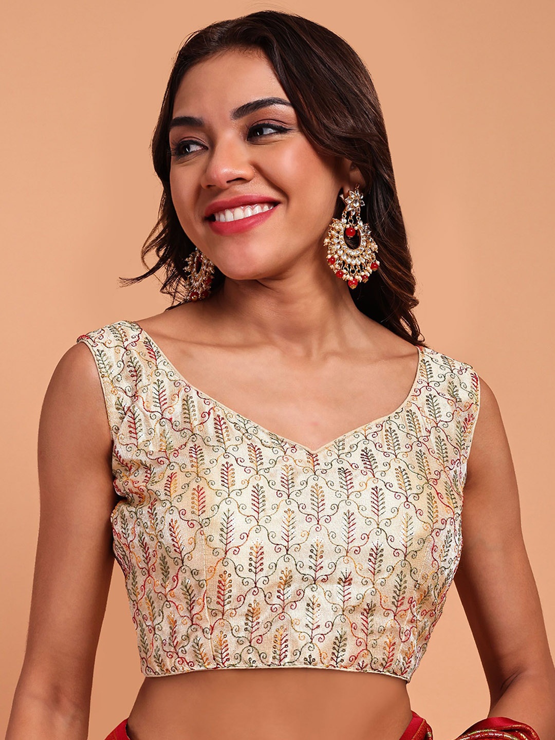 

Globon Impex Embroidered Silk Saree Blouse, Beige