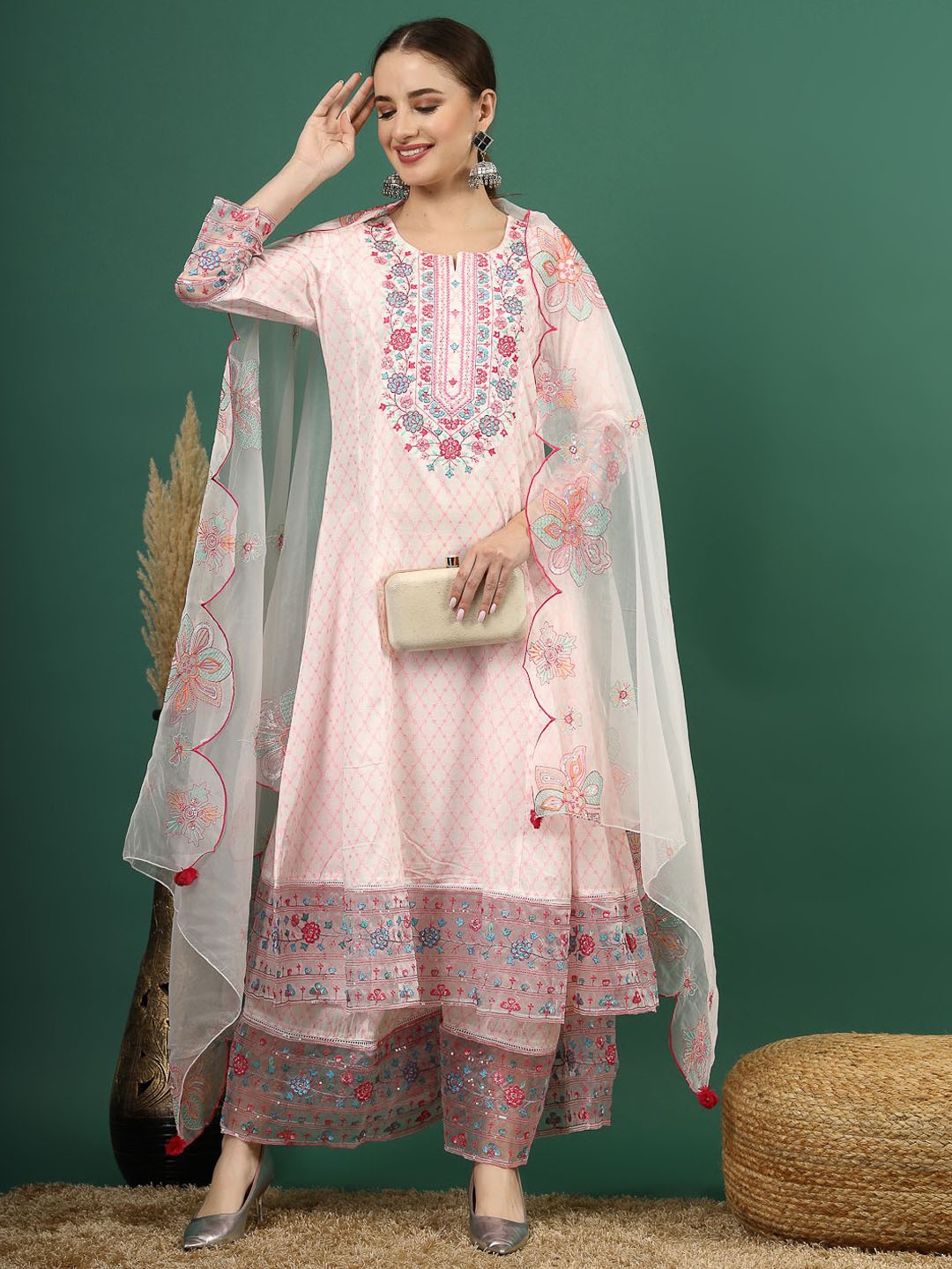 

Sangria Embroidered Straight Kurta With Trouser & Dupatta, White