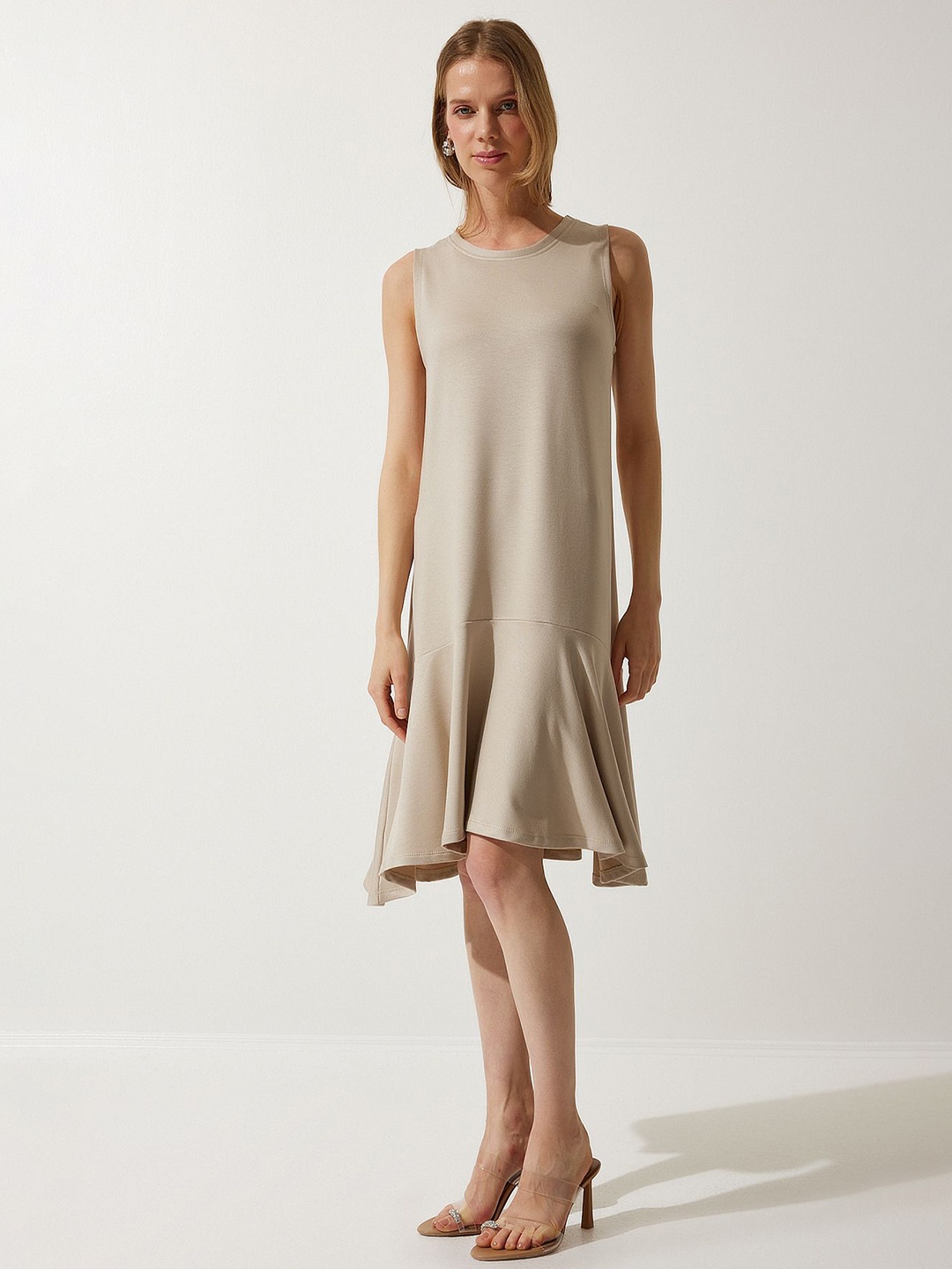 

Happiness istanbul Solid Sleeveless A-Line Dress, Beige