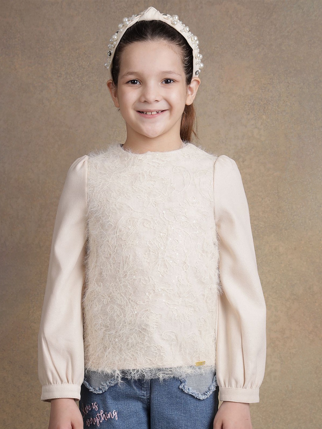 

One Friday Puff Sleeve Top, Beige
