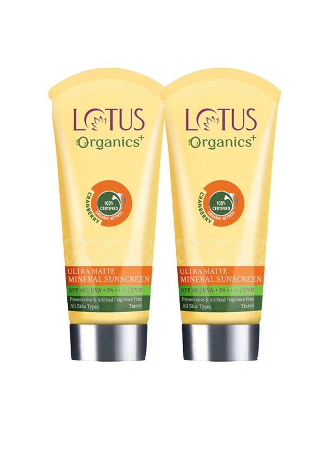 

Lotus Organics+ Set Of 2 Cranberry Ultra Matte SPF 40 Tinted Mineral Sunscreen - 50g Each, Yellow