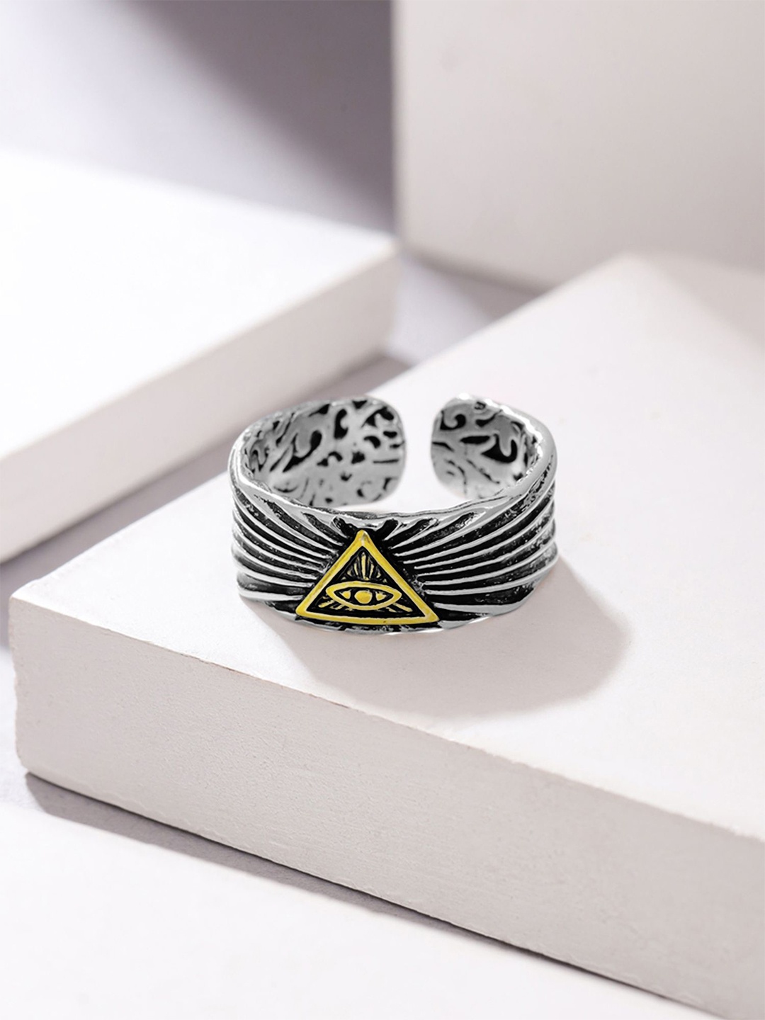 

Yellow Chimes Men Vintage Silver Plated Eye of God Engraved Band Style Finger Ring