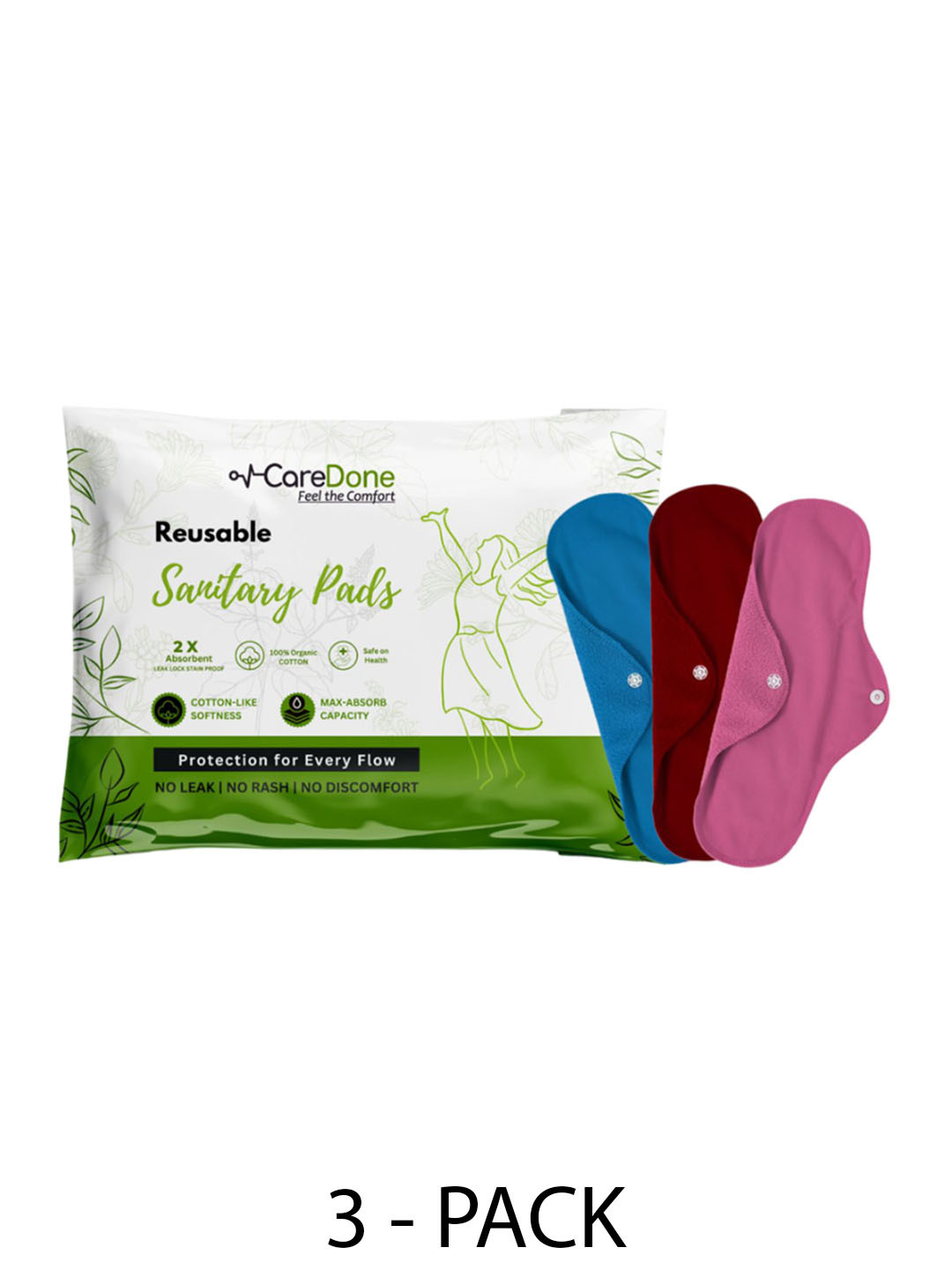 

CareDone Set Of 3 Washable & Reusable Leakproof Pure Organic Cotton Sanitary Cloth Pads-XL, Blue