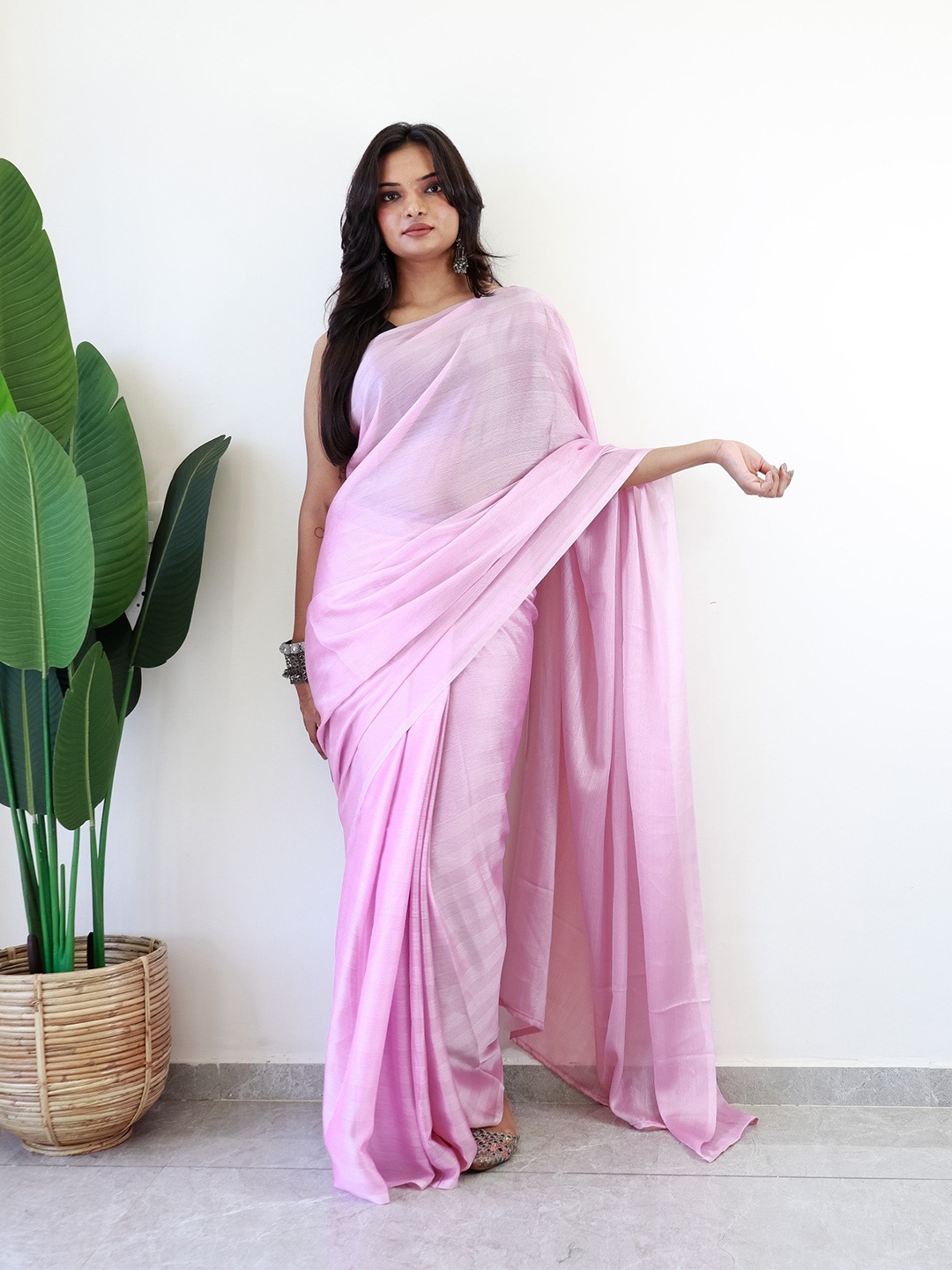 

Panzora Women Striped Ready to Wear Saree, Pink
