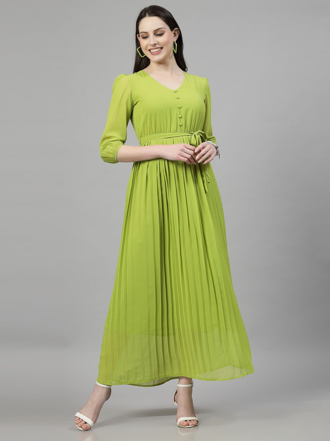 

aayu Puff Sleeve Georgette Fit & Flare Maxi Dress, Green