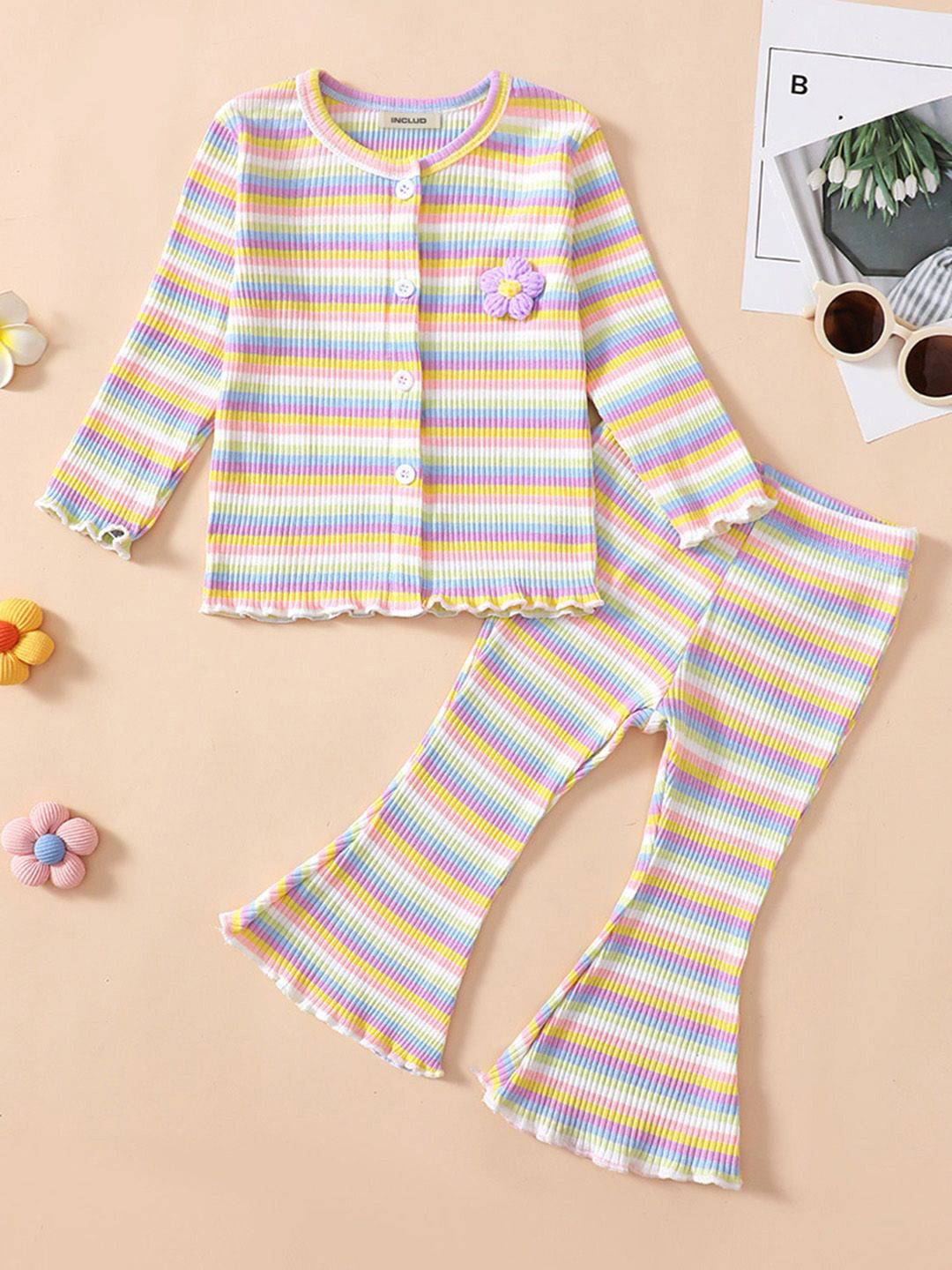 

INCLUD Girls Striped Shirt With Flared Trousers, Yellow