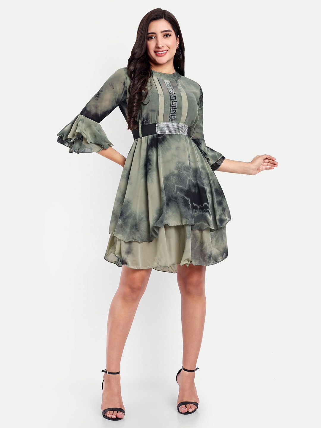 

HAUTEMODA Tie and Dye Printed Bell Sleeve Georgette Dress, Green