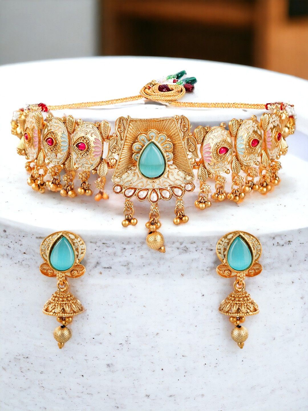 

9blings Gold-Plated Stone Studded Meenakari Choker Jewellery Set