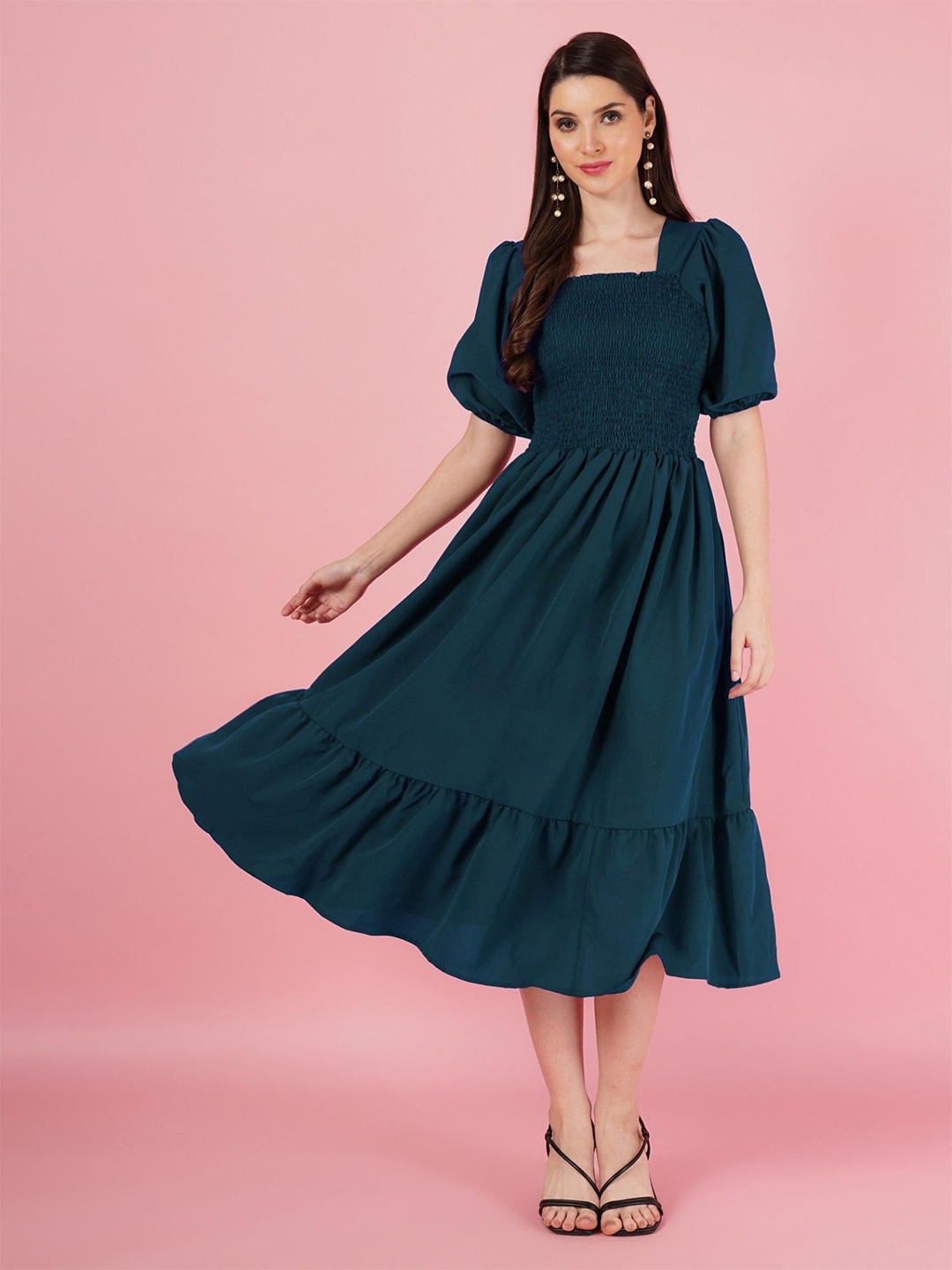 

Femvy Puff Sleeve Fit & Flare Dress, Blue