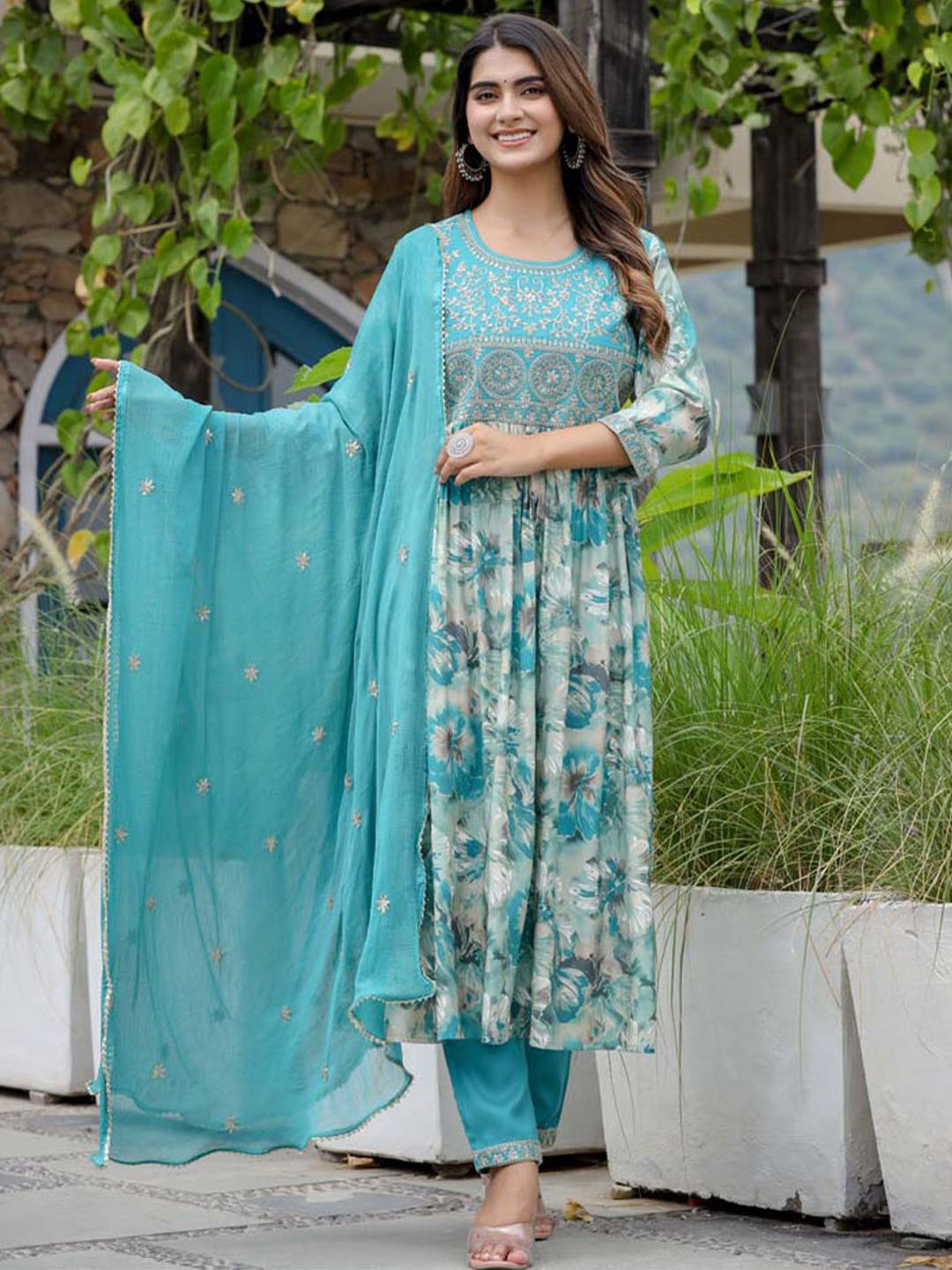 

ARAVALII Floral Printed Round Neck Pure Cotton A-Line Kurta with Trousers & Dupatta, Sea green