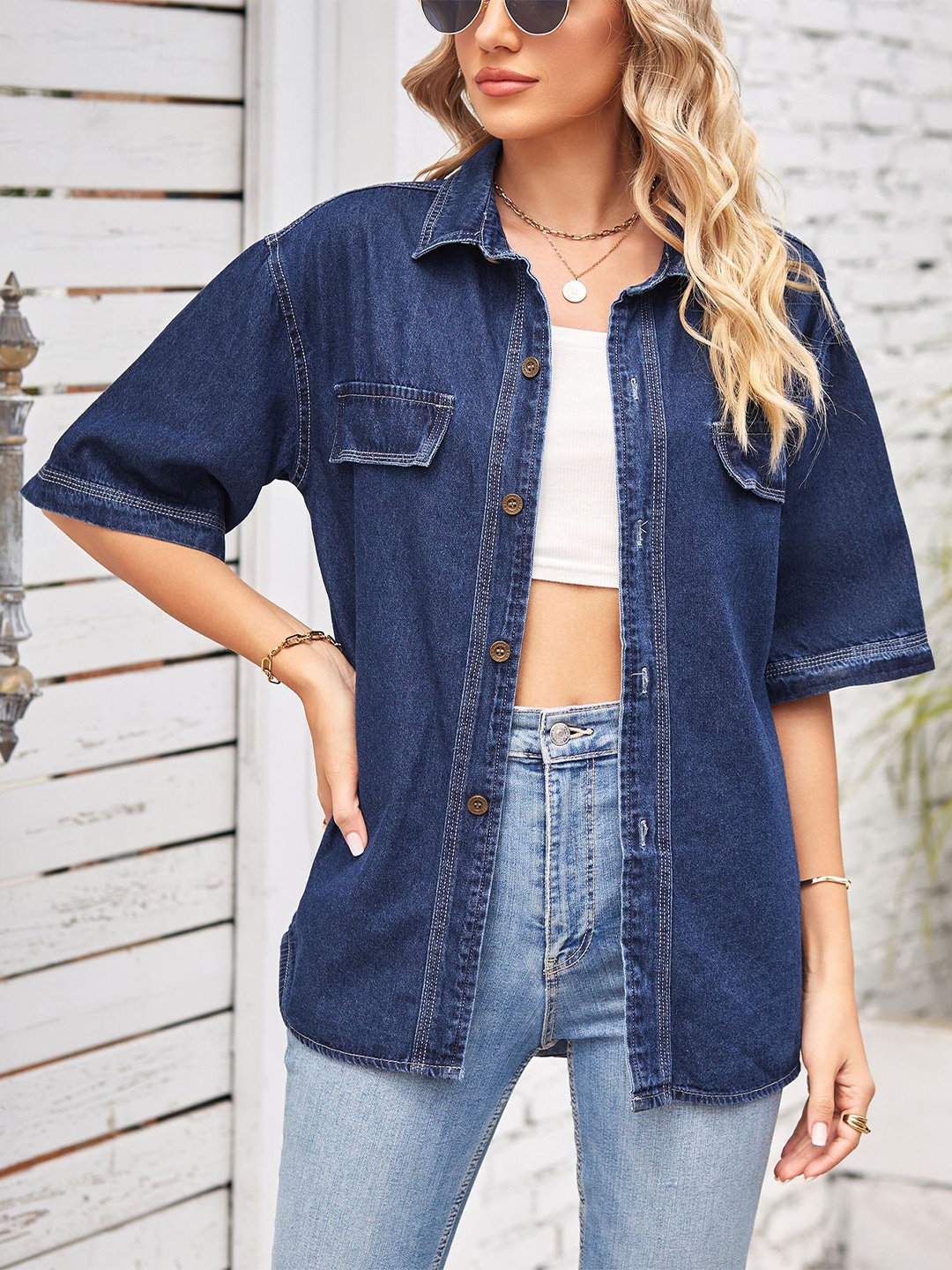 

StyleCast Women Opaque Casual Shirt, Navy blue