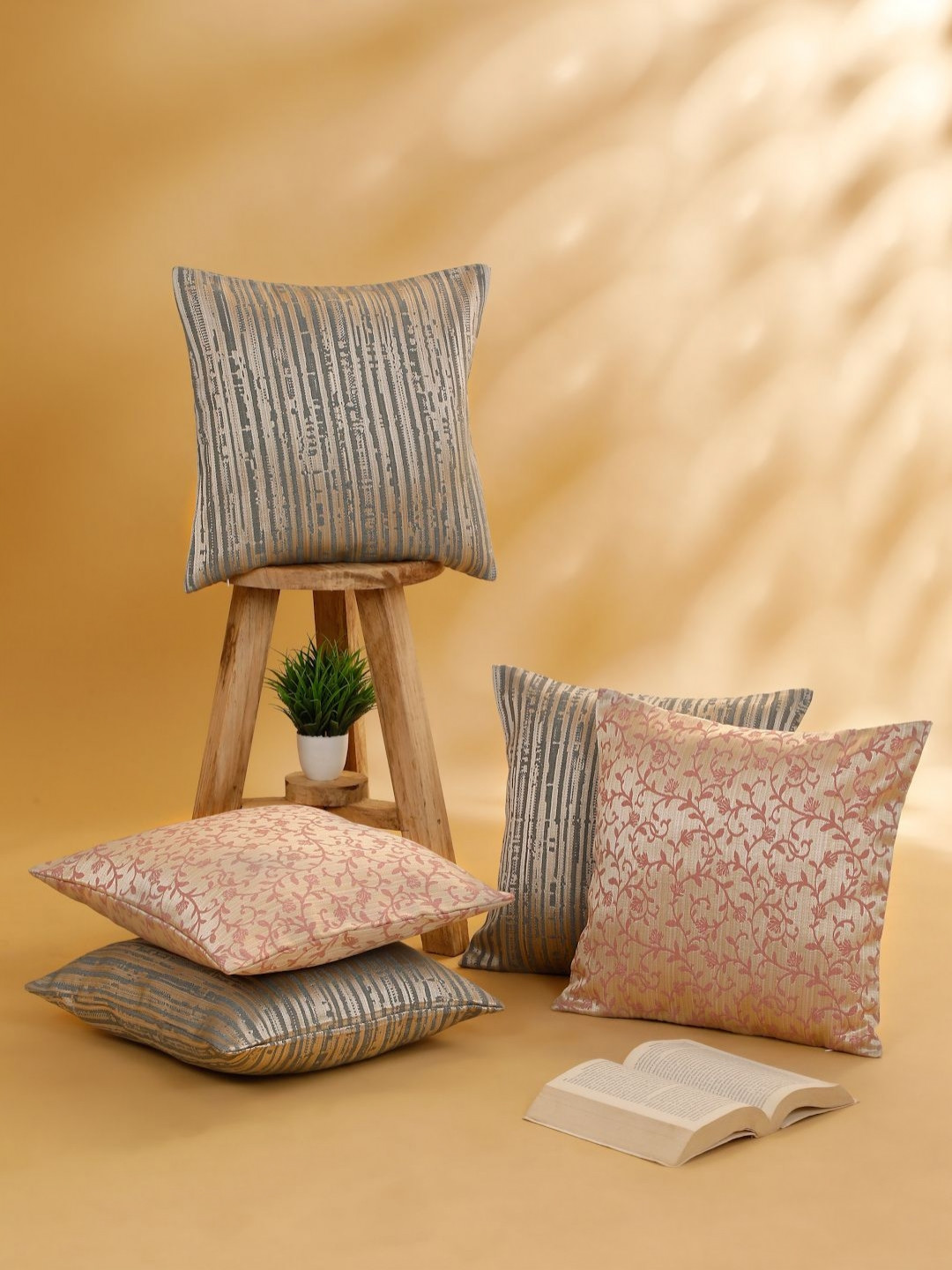 

ROSARA HOME Grey & Blue 5 Pieces Floral Square Cushion Covers