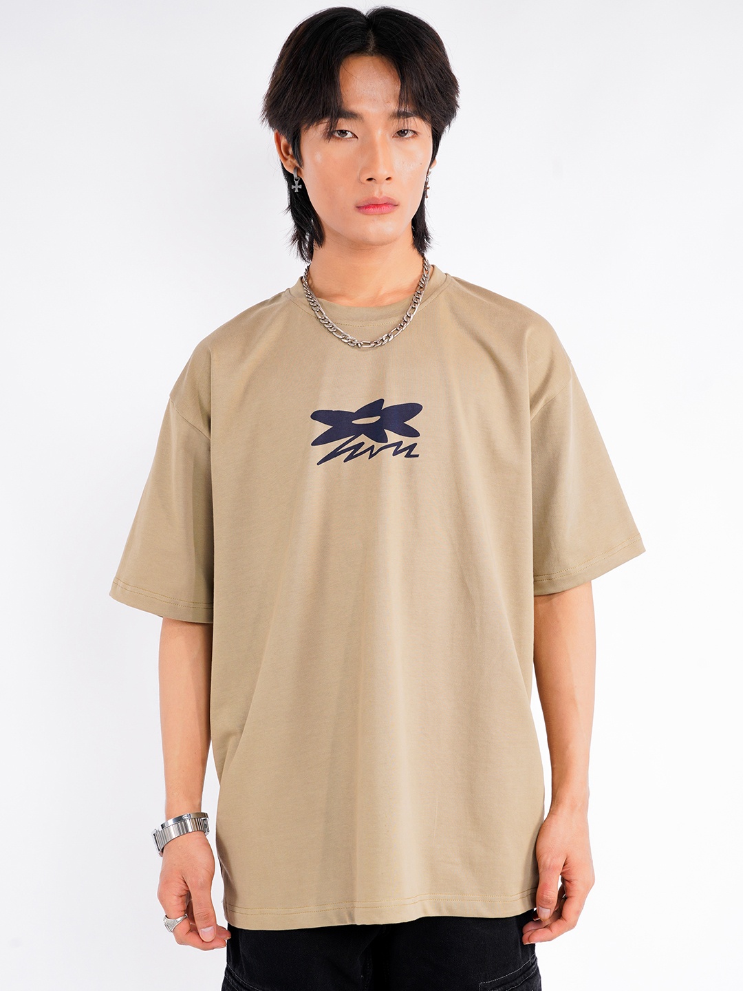 

UNRL Printed Drop-Shoulder Sleeves Pure Cotton Relaxed Fit Longline T-shirt, Beige