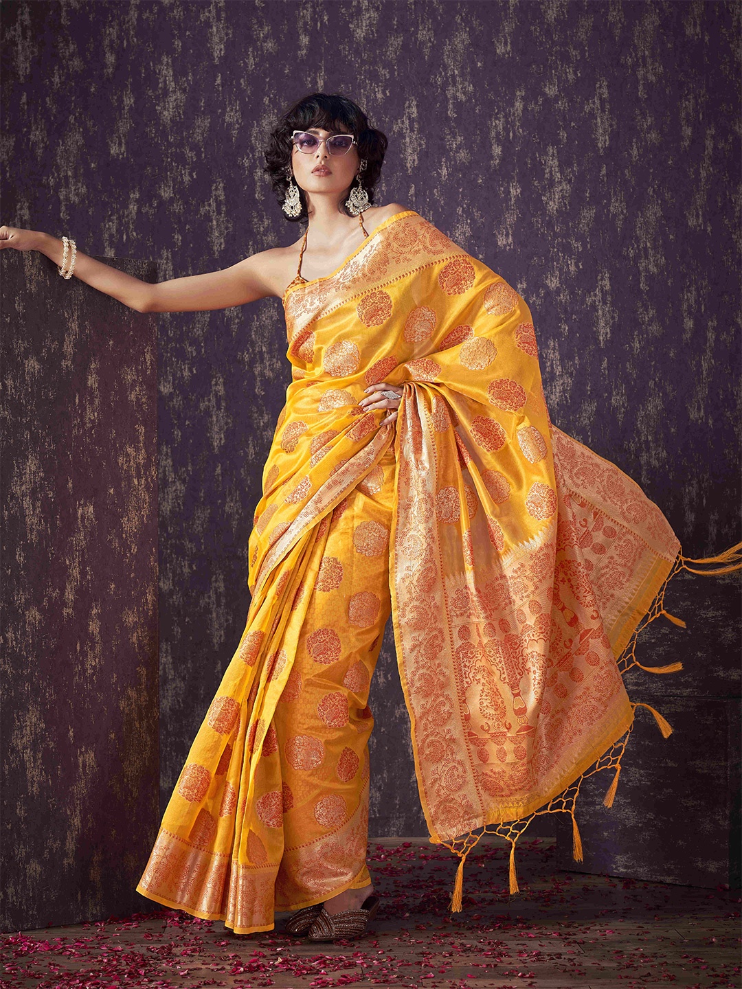 

Tikhi Imli Woven Design Saree With Blouse Piece, Yellow