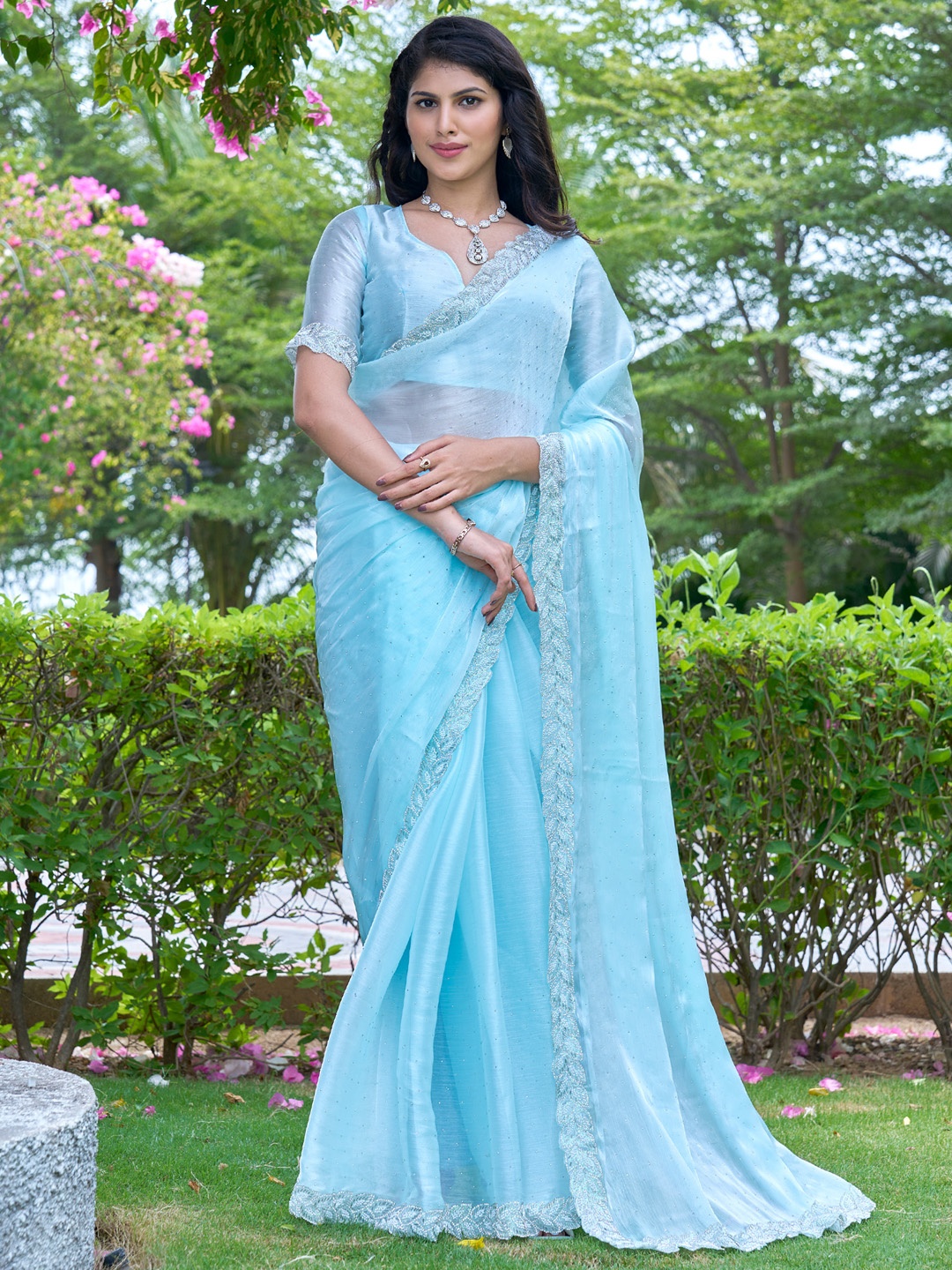

Saree mall Embellished Beads and Stones Pure Chiffon Sarees, Blue