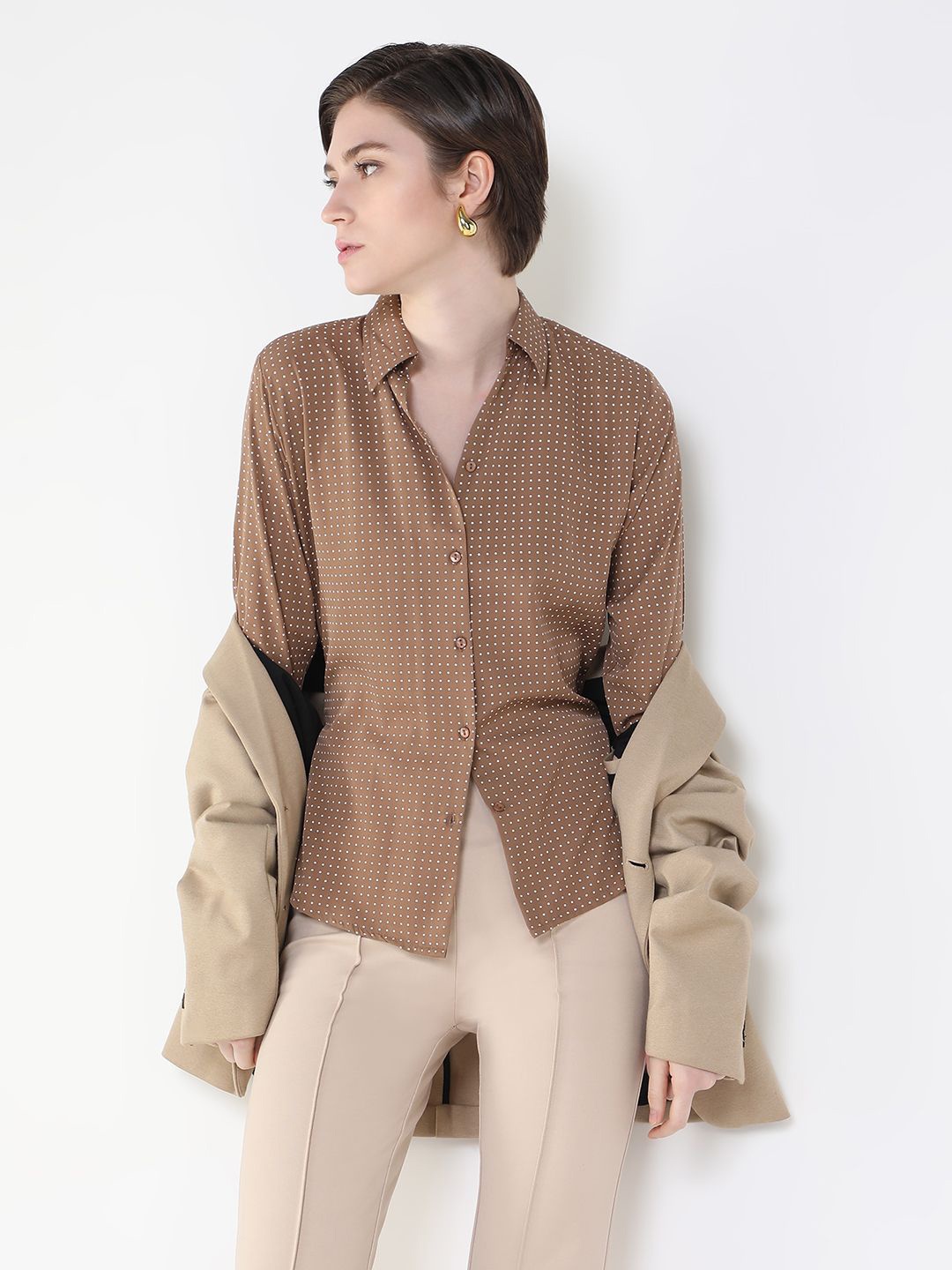 

SHOWOFF Women Comfort Slim Fit Opaque Printed Casual Shirt, Brown