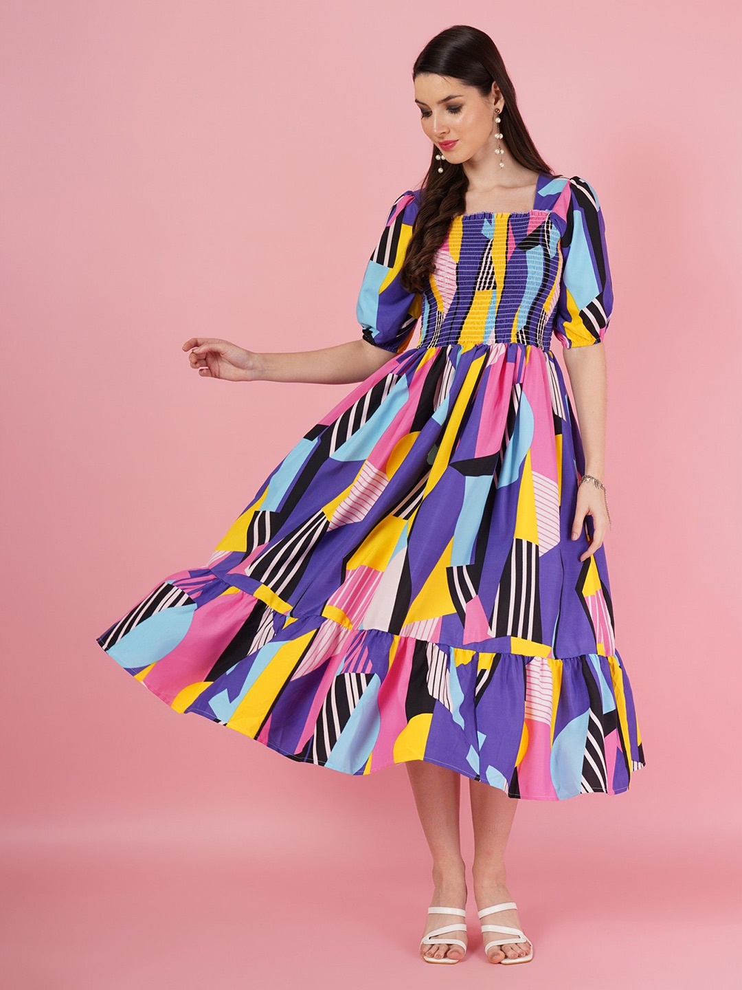 

Femvy Print Puff Sleeve Fit & Flare Dress, Multi