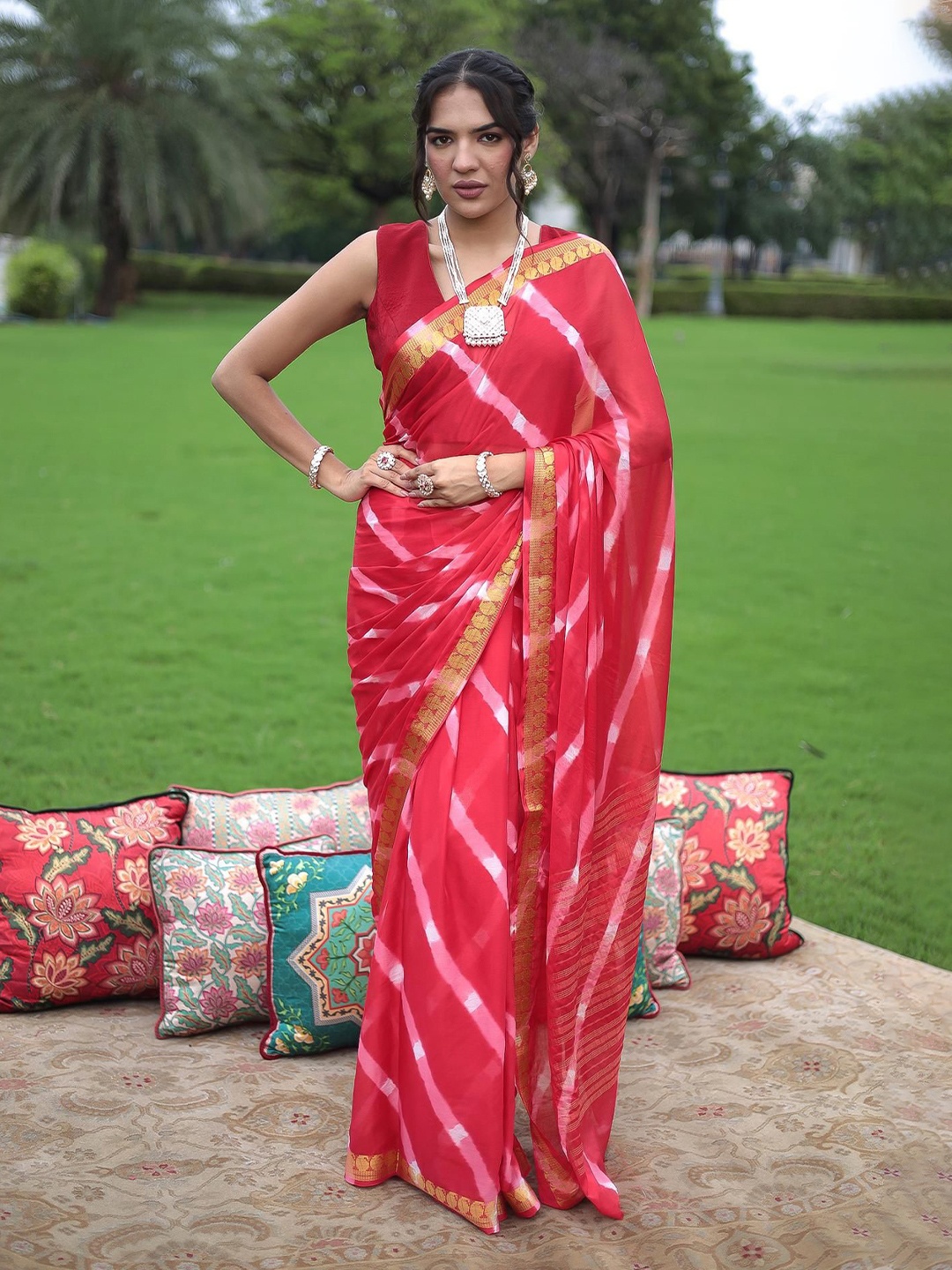 

ZARI Pure Chiffon Leheriya Saree, Red