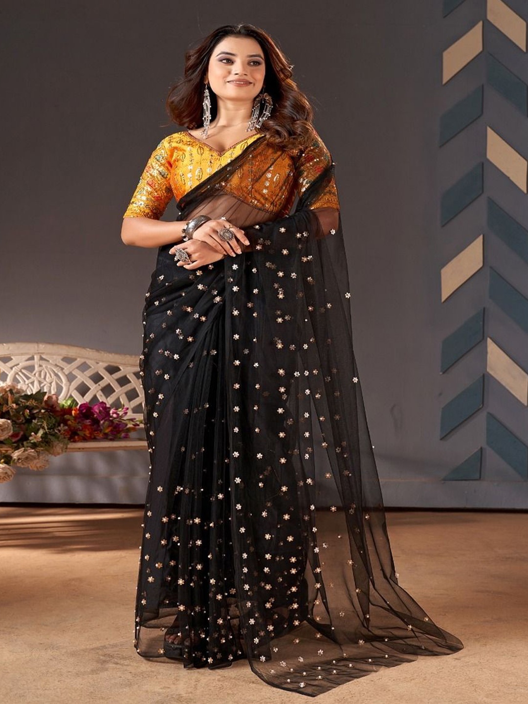 

SANJANA SILK Embellished Sequinned Pure Georgette Saree, Black