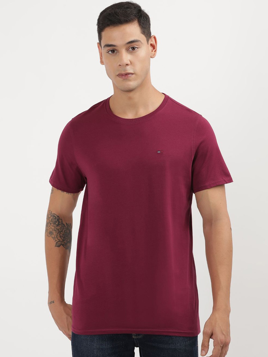 

Tommy Hilfiger Round Neck Short Sleeves Cotton Slim Fit T-shirt, Purple