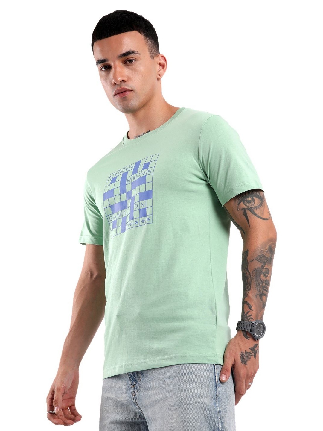 

WROGN Men Graphic Printed Round Neck Cotton Slim Fit T-Shirt, Green