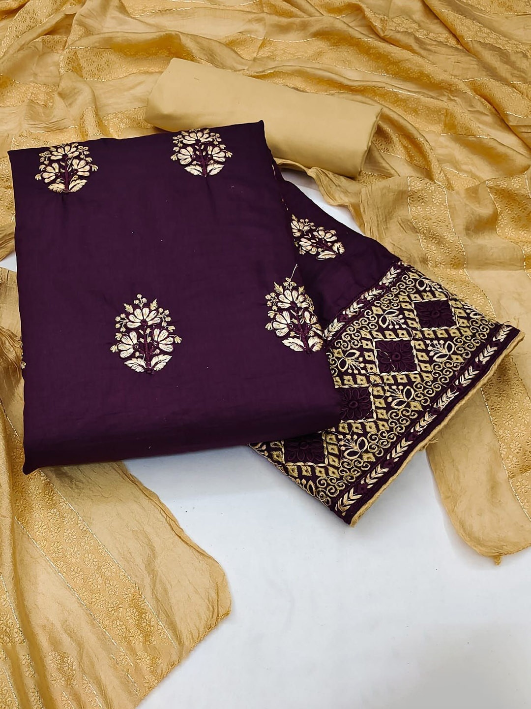 

Aika Floral Embroidered Thread Work Unstitched Dress Material, Purple