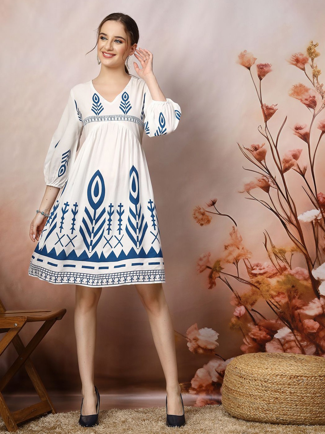 

Stylum Bohemian Print Puff Sleeve Fit & Flare Dress, Blue