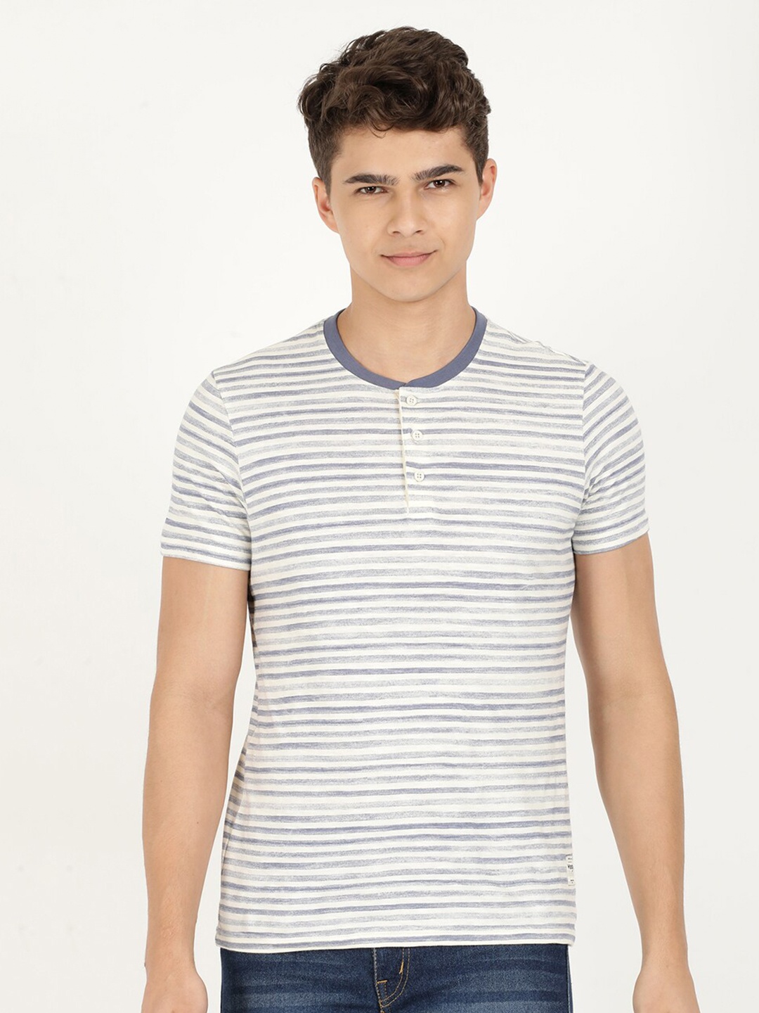 

Wrangler Men Striped Henley Neck Cotton T-shirt, Cream