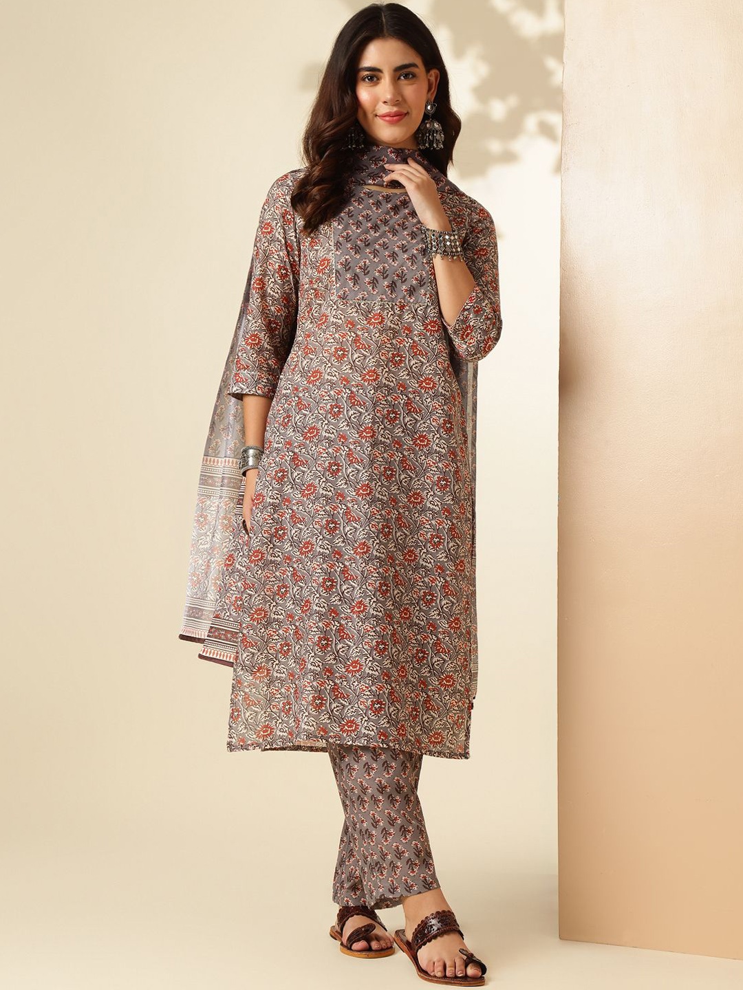 

Anouk Women Ethnic Motifs Printed Regular Pure Cotton Kurta with Trousers & With Dupatta, Grey