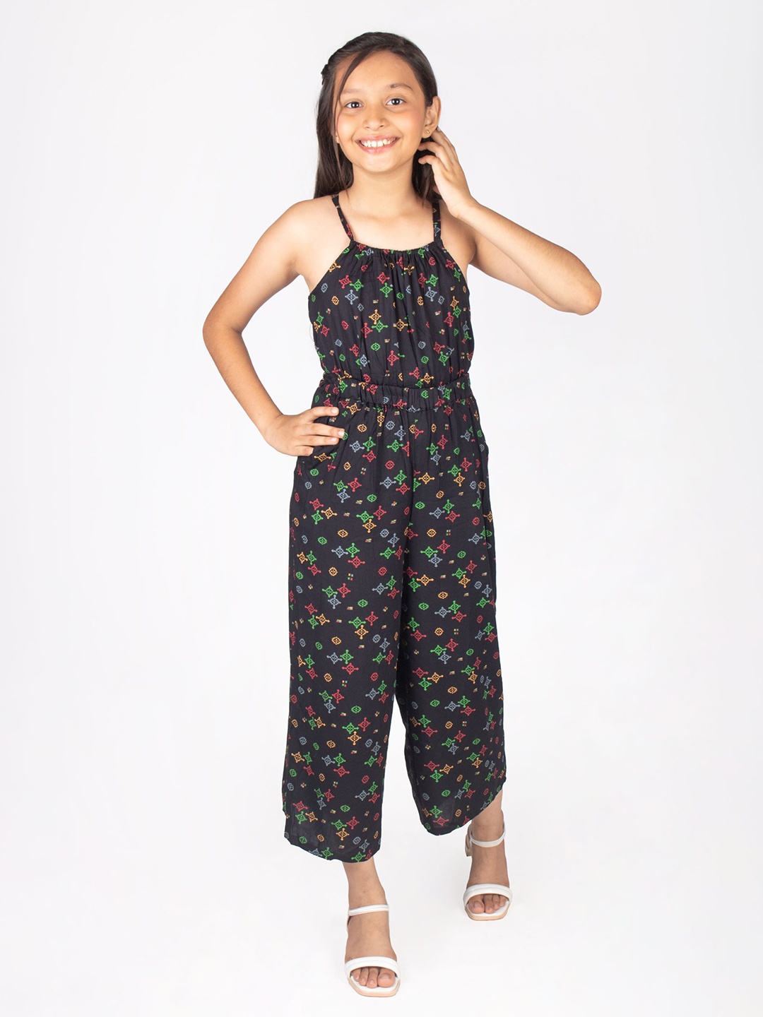 

YK Girls Printed Sleeveless Basic Jumpsuit, Black