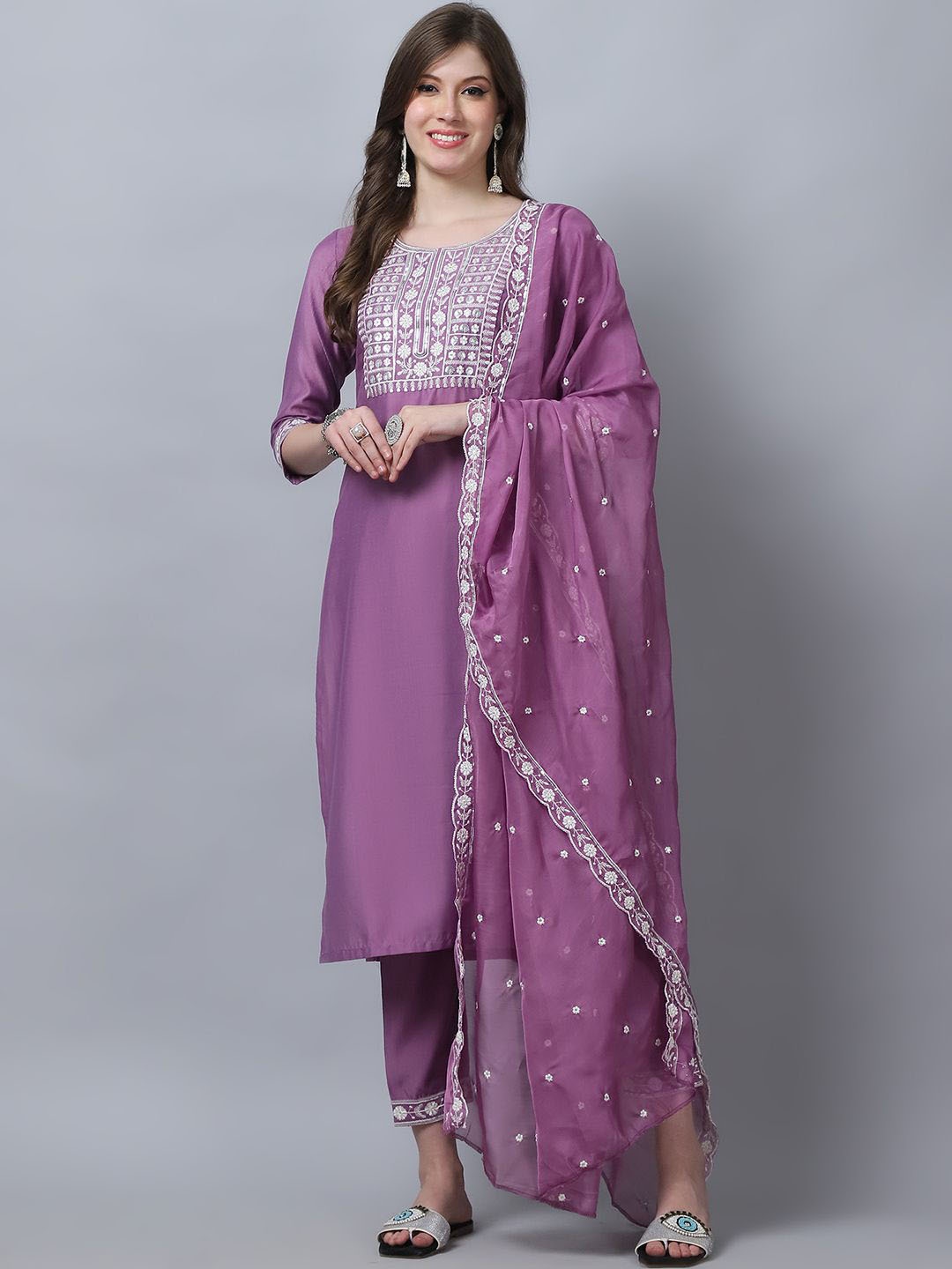 

KLOSIA Ethnic Motifs Embroidered Sequinned Pure Silk Straight Kurta With Trouser & Dupatta, Pink