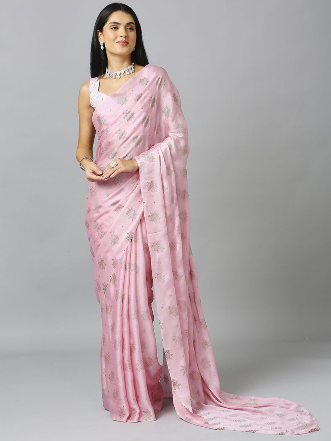 

ASISA Embellished Schiffli Pure Chiffon Saree, Pink