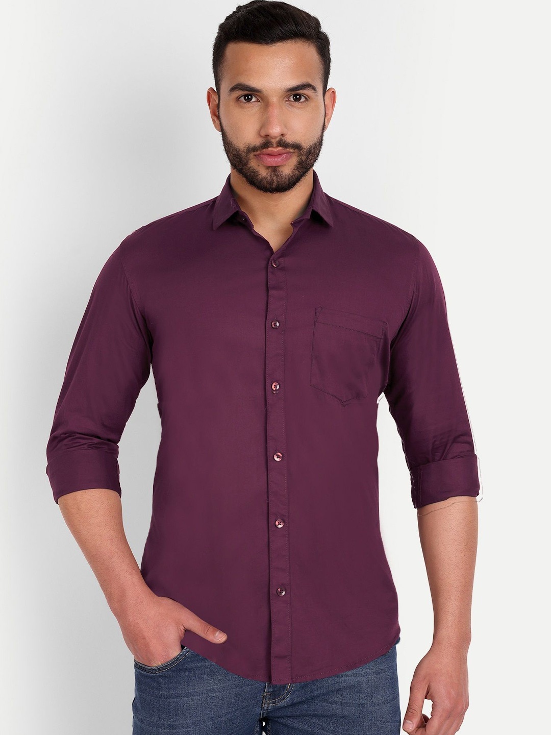 

MEGHZ Men Slim Fit Opaque Casual Shirt, Magenta