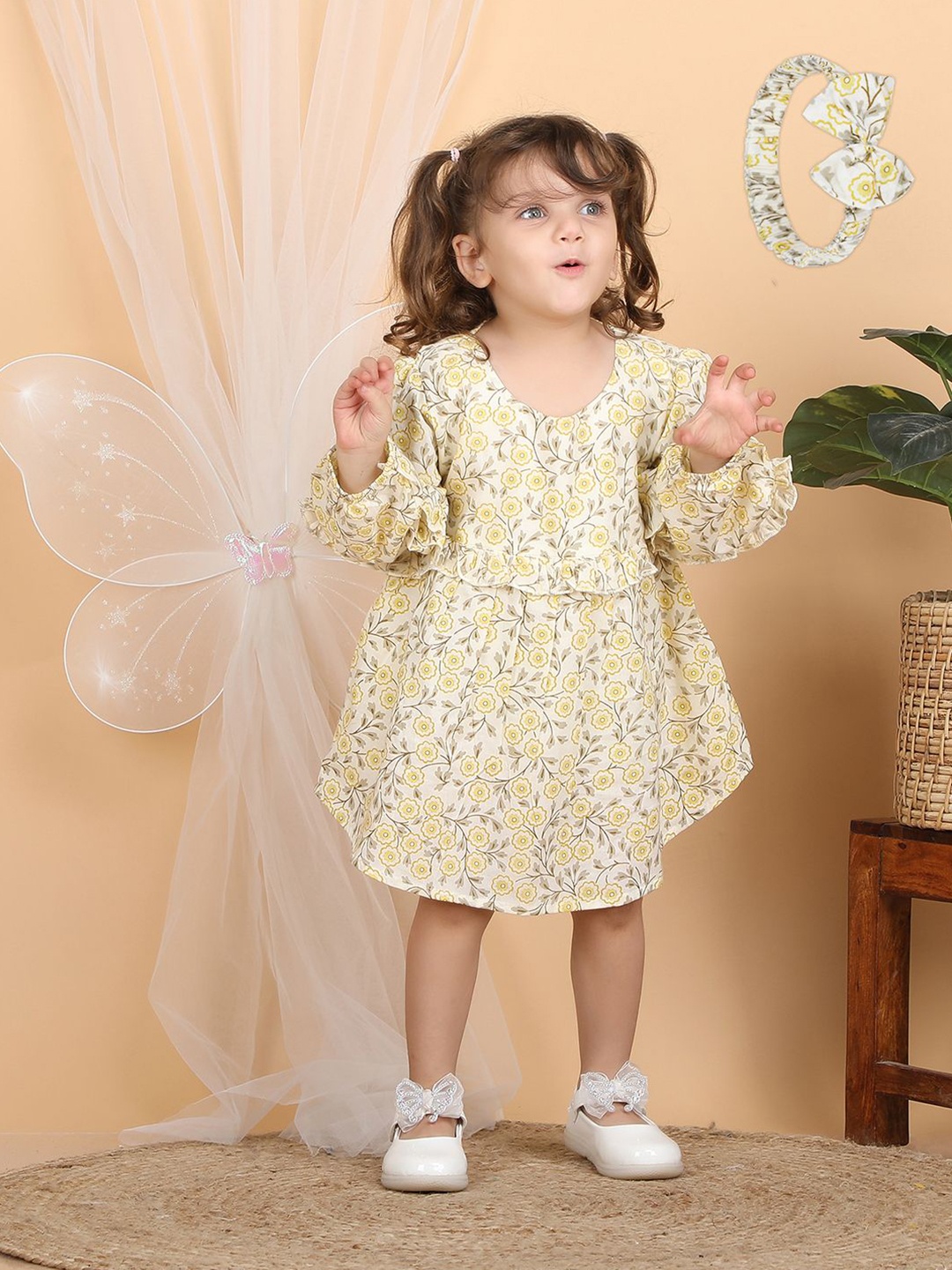 

Polka Tots Floral Print A-Line Dress, Yellow