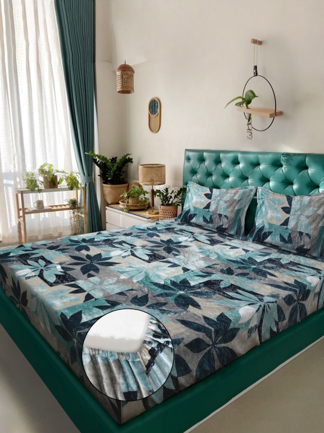

KLOTTHE Green & Grey Printed 300 TC Fitted Woolen King Bedsheet With 2 Pillow Covers
