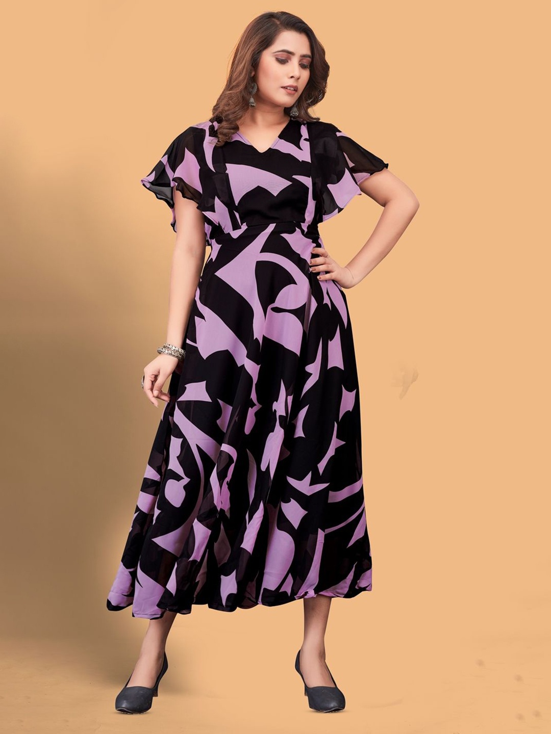 

KALINI Print Flared Sleeve Georgette Fit & Flare Midi Dress, Purple