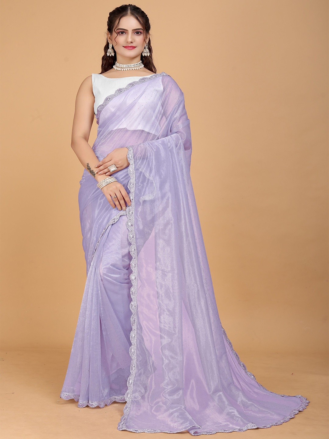 

JSItaliya Embellished Net Saree, Lavender