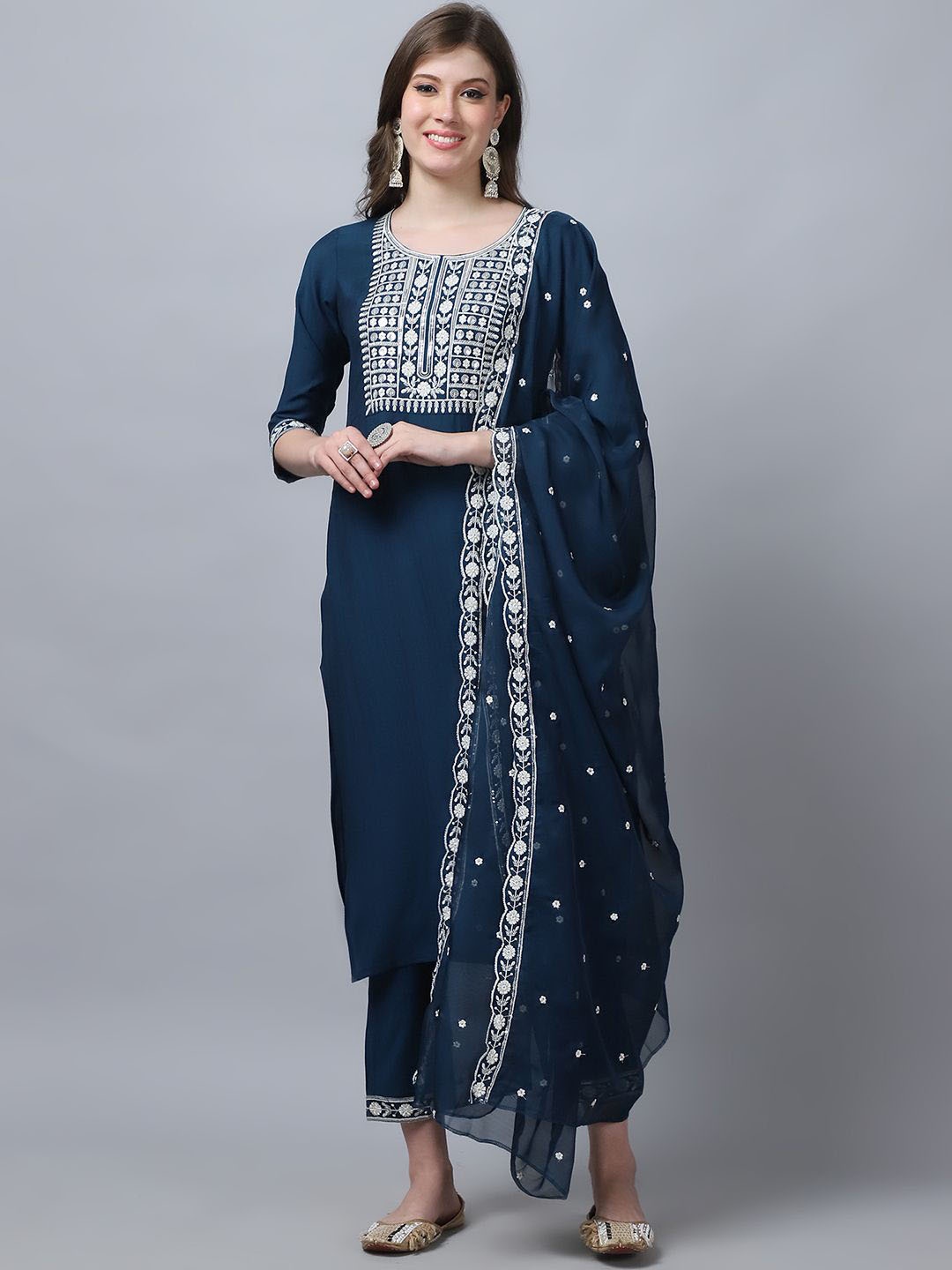 

KLOSIA Floral Yoke Design Sequinned Pure Silk Straight Kurta With Trouser & Dupatta, Navy blue