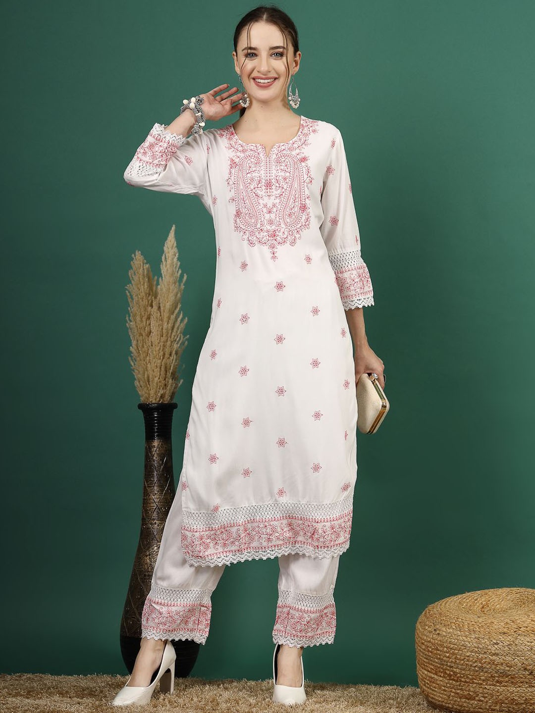 

Sangria Embroidered Sequence Straight Kurta With Palazzo, White