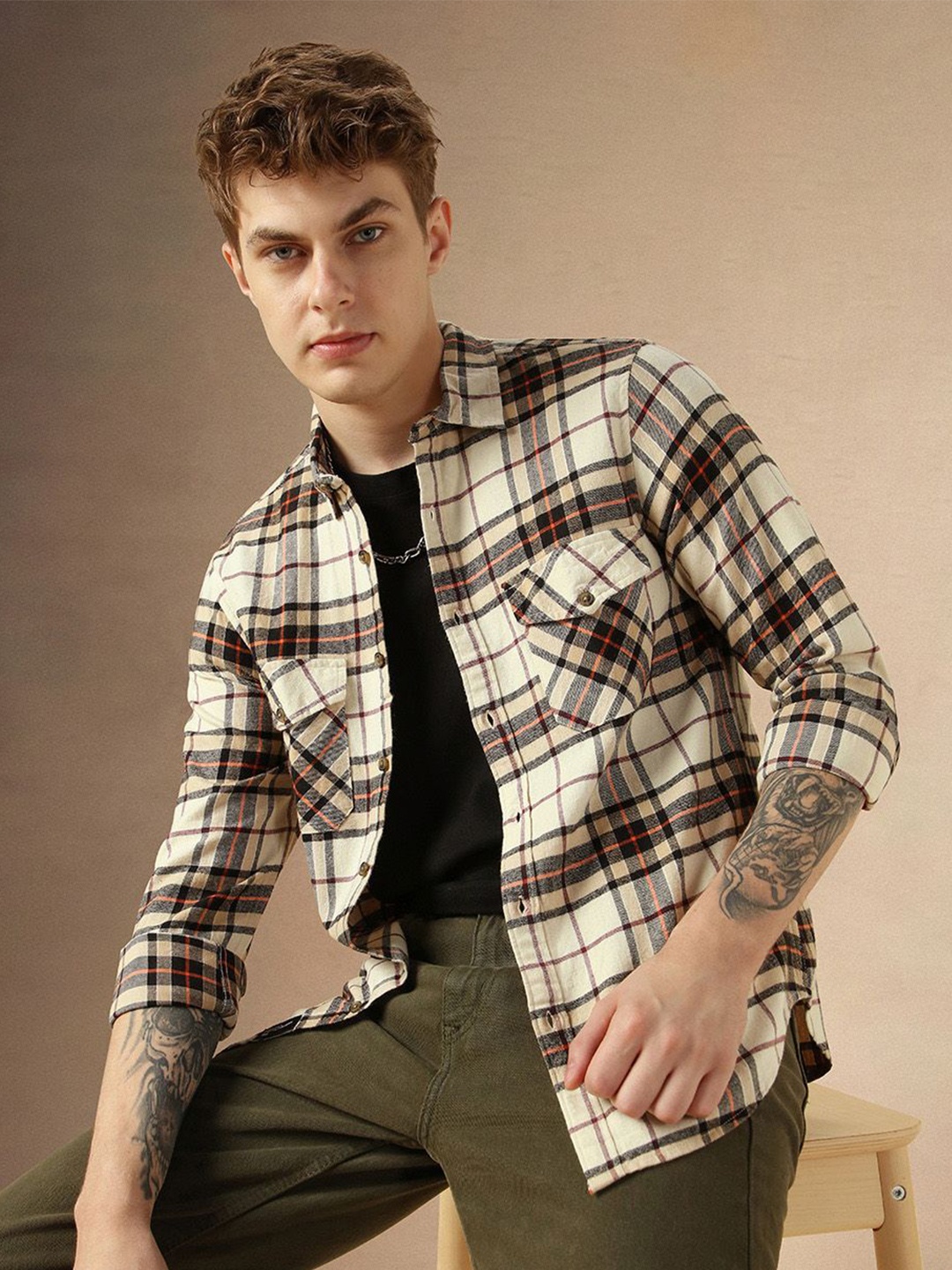 

Dennis Lingo Smart Relaxed Fit Tartan Checked Flannel Weave Pure Cotton Casual Shirt, Beige