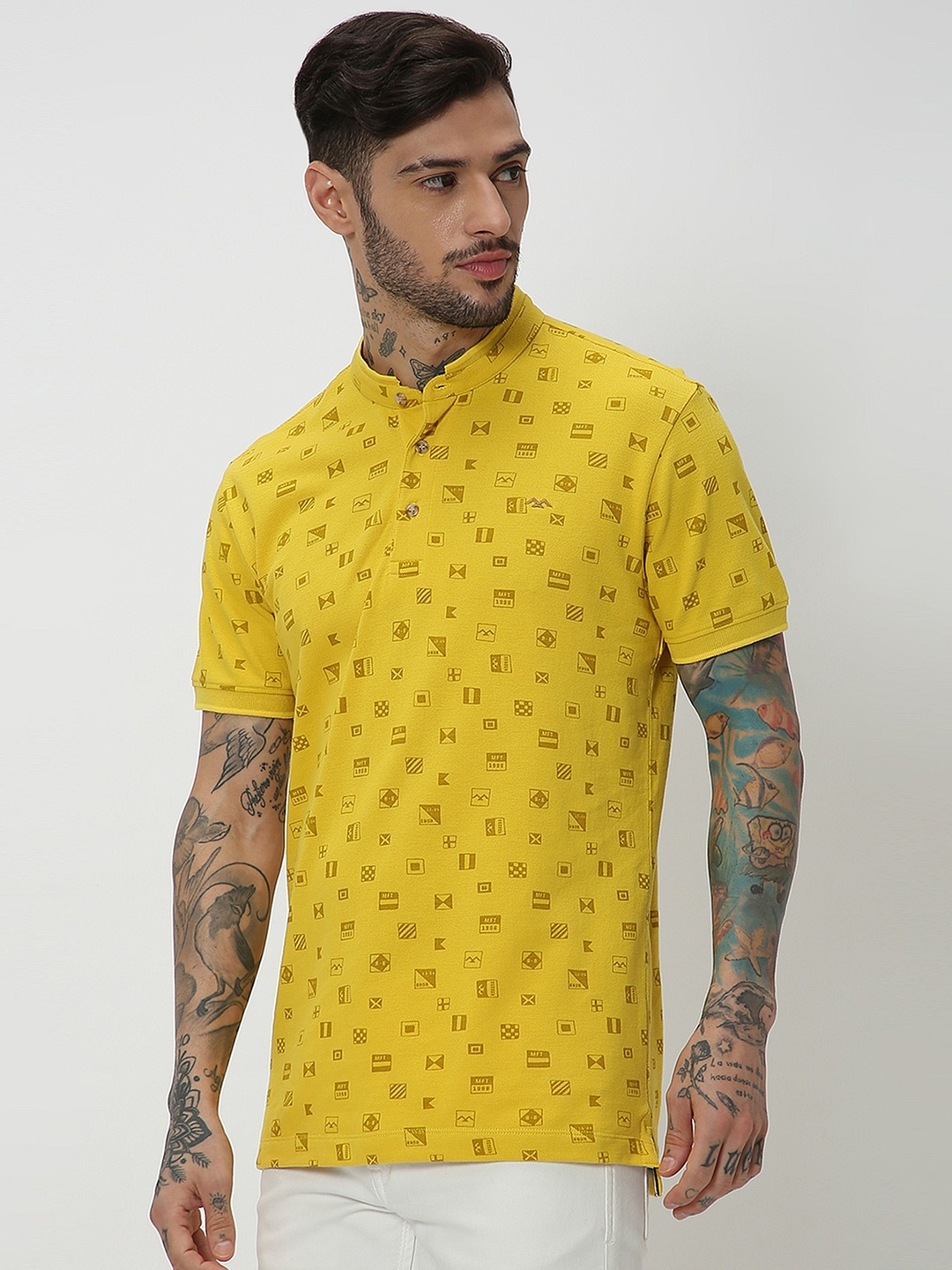 

Mufti Conversational Printed Mandarin Collar Slim Fit Pure Cotton T-shirt, Yellow