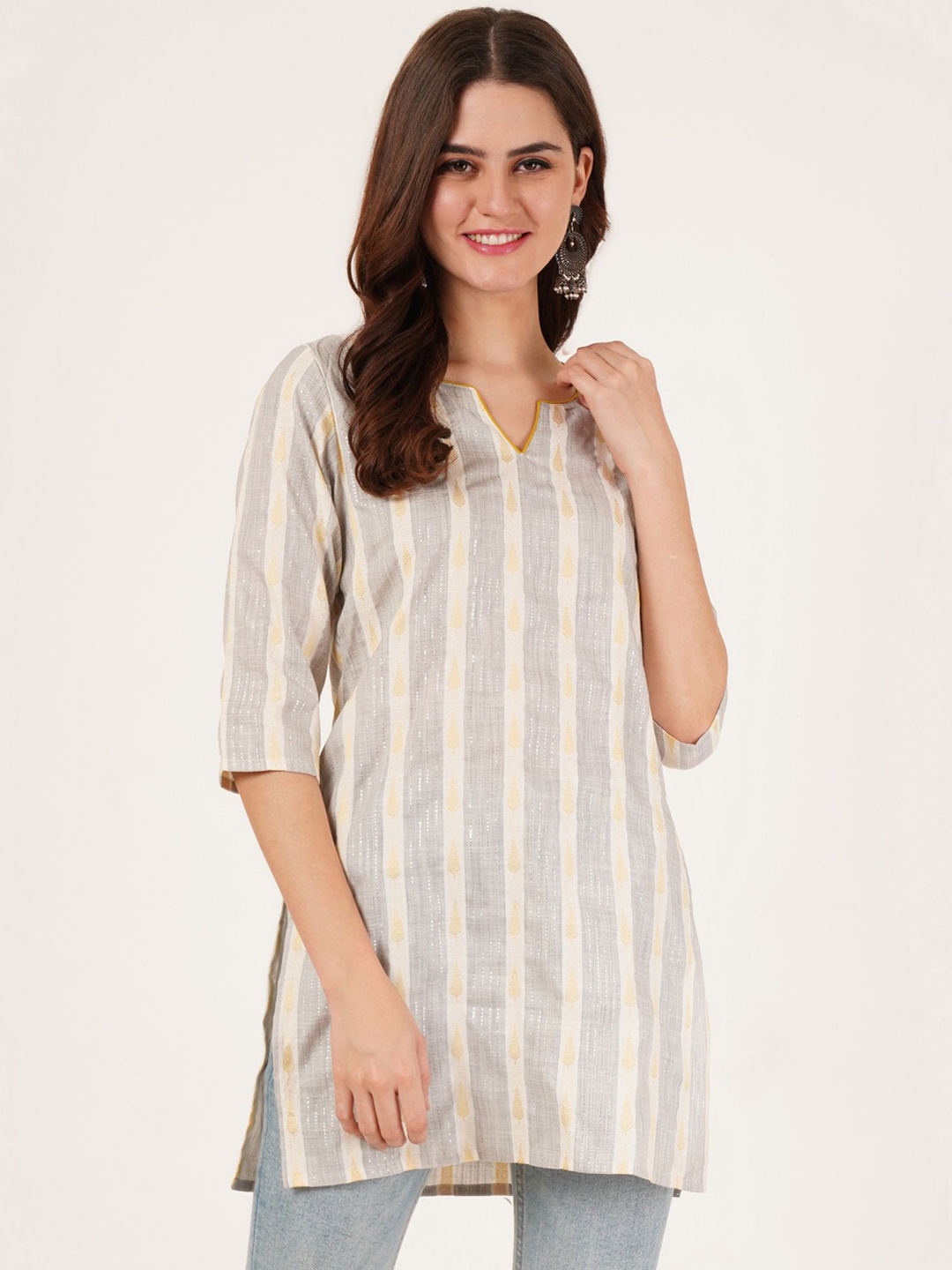 

Brownverse Women Striped Thread Work Dobby Kurta, Grey