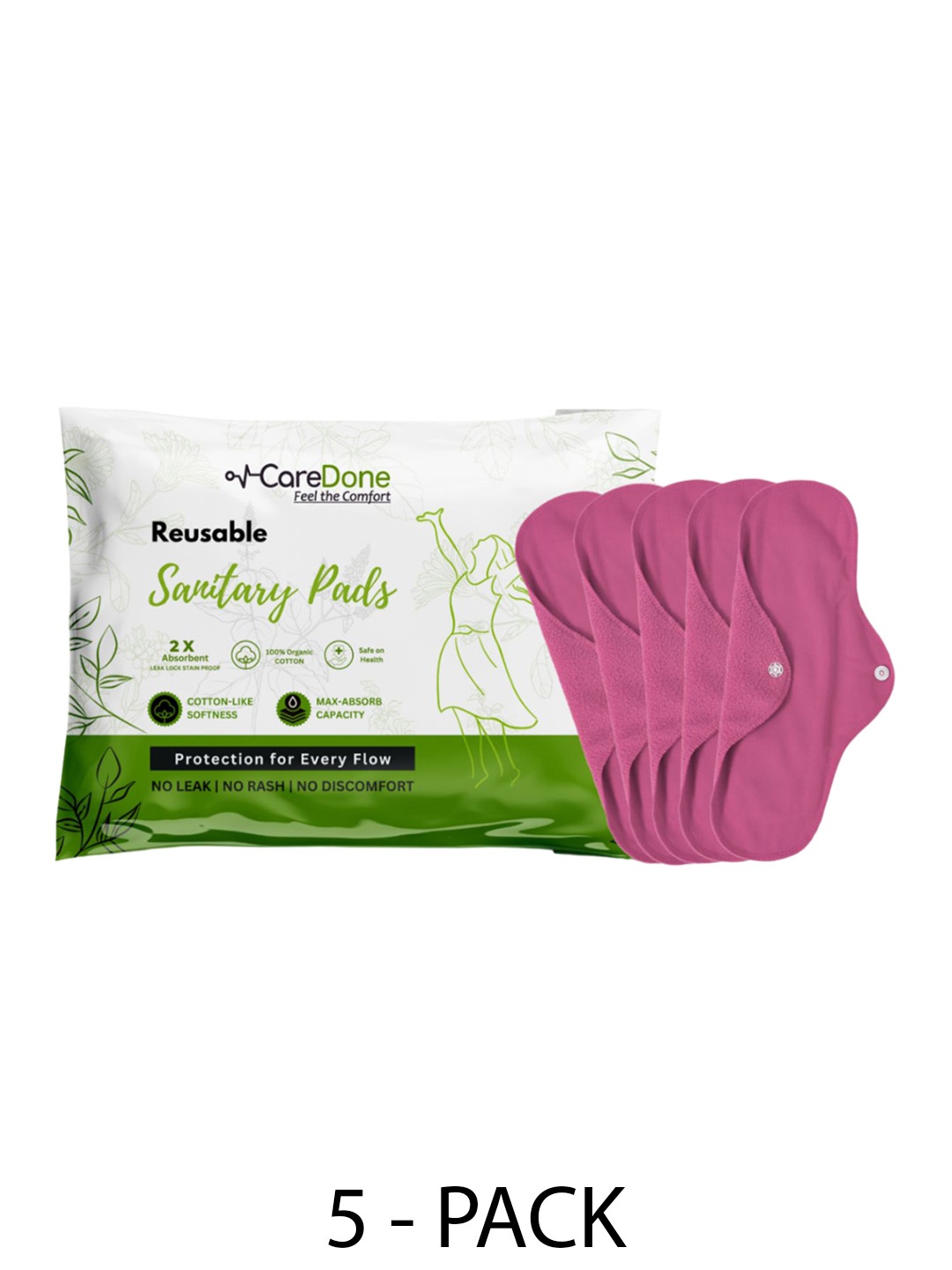 

CareDone Set Of 5 Reusable 100% Organic Cotton Sanitary Cloth Pads - XL, Pink